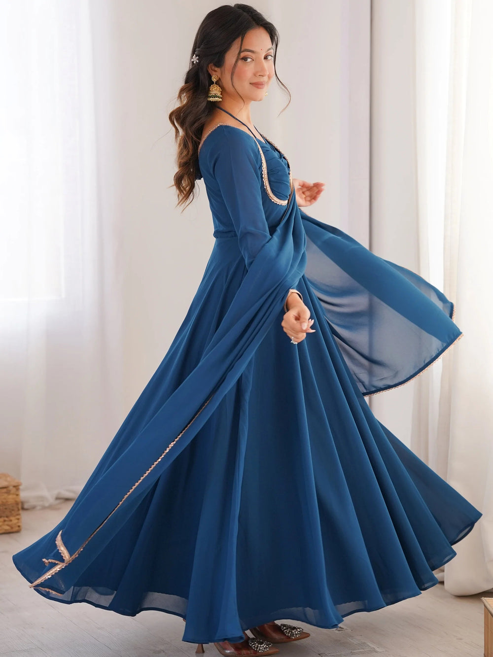 Blue Georgette Festival Wear Gown With Dupatta for Women