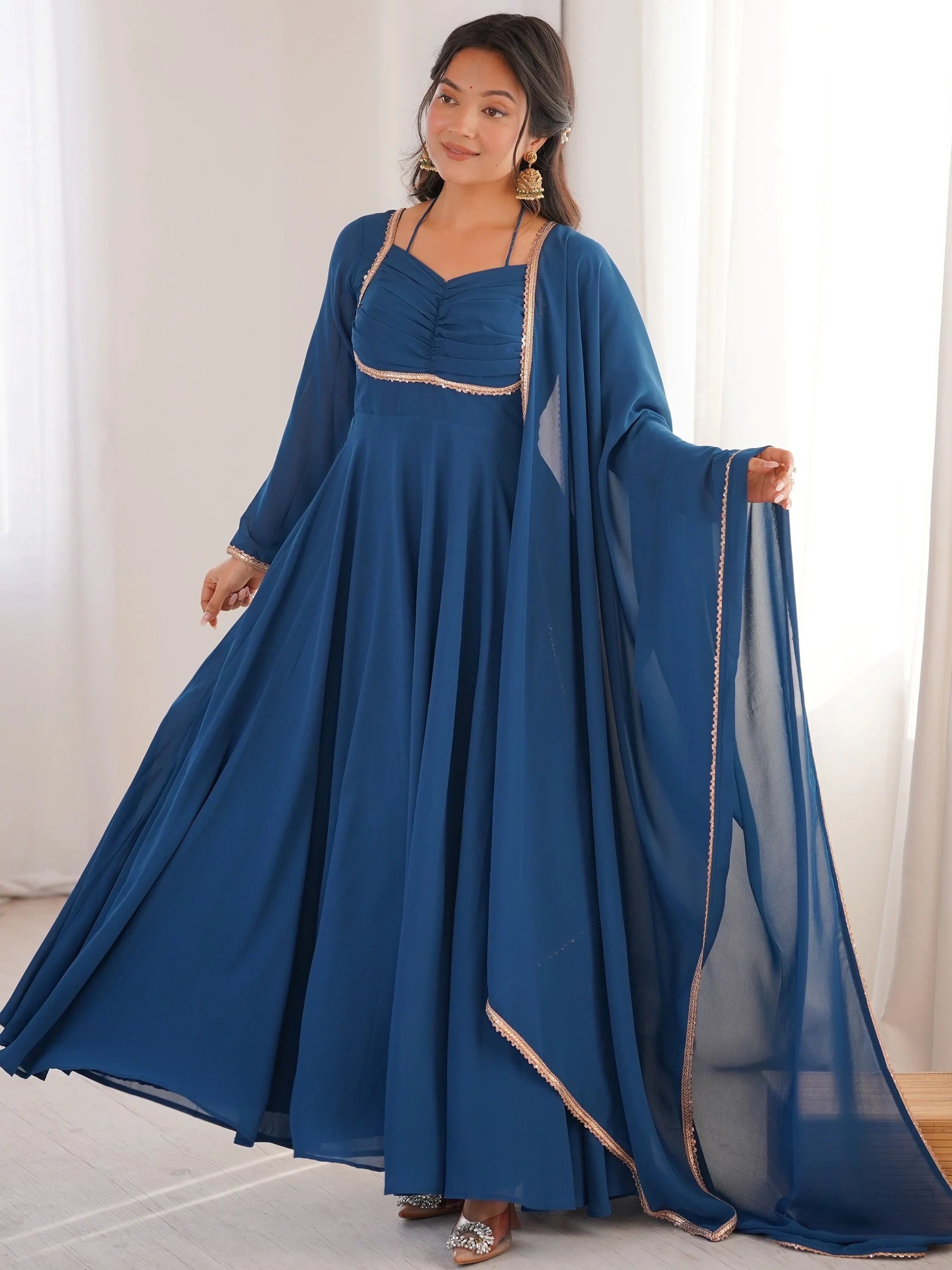 Blue Georgette Festival Wear Gown With Dupatta for Women