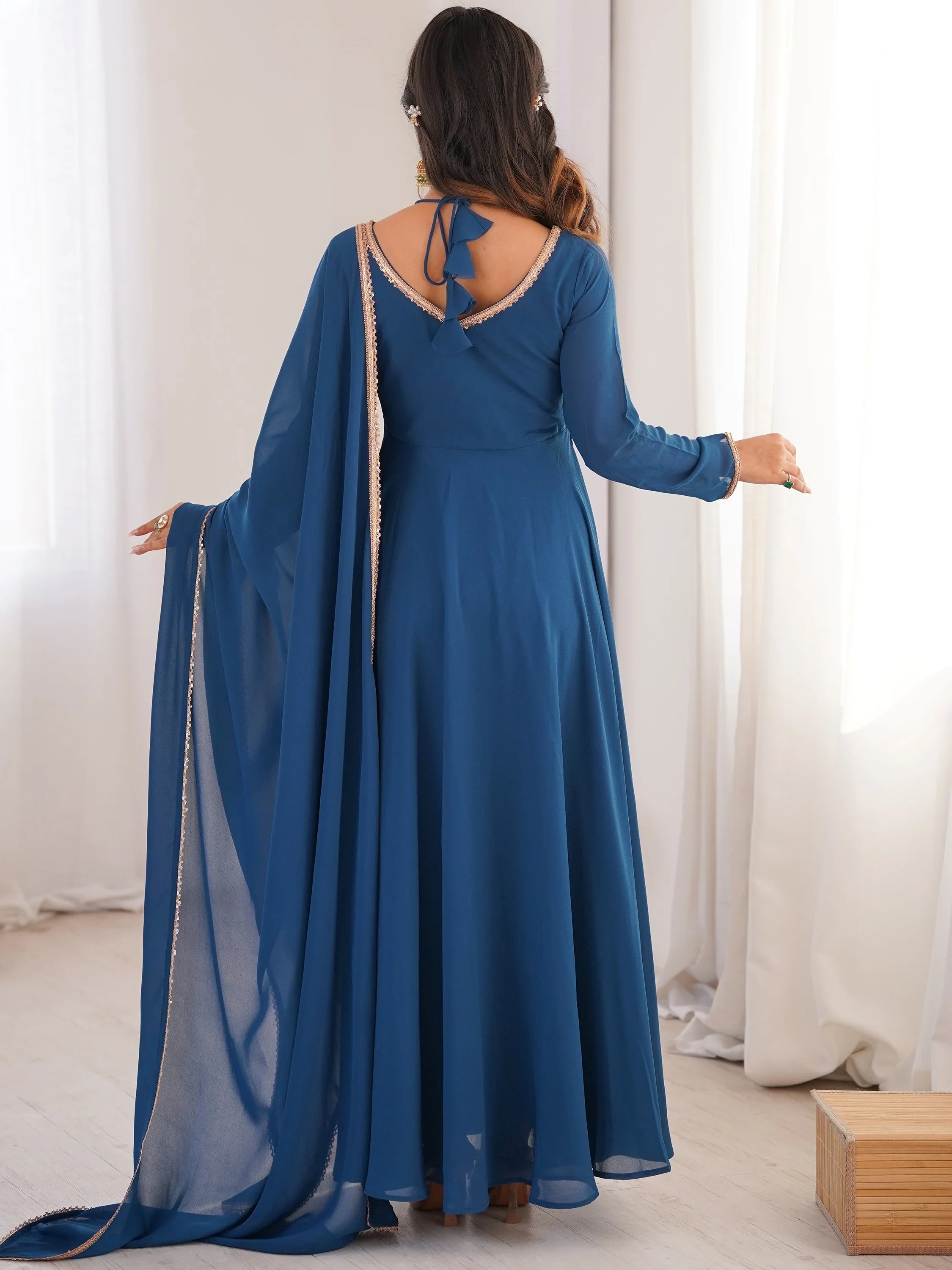 Blue Georgette Festival Wear Gown With Dupatta for Women