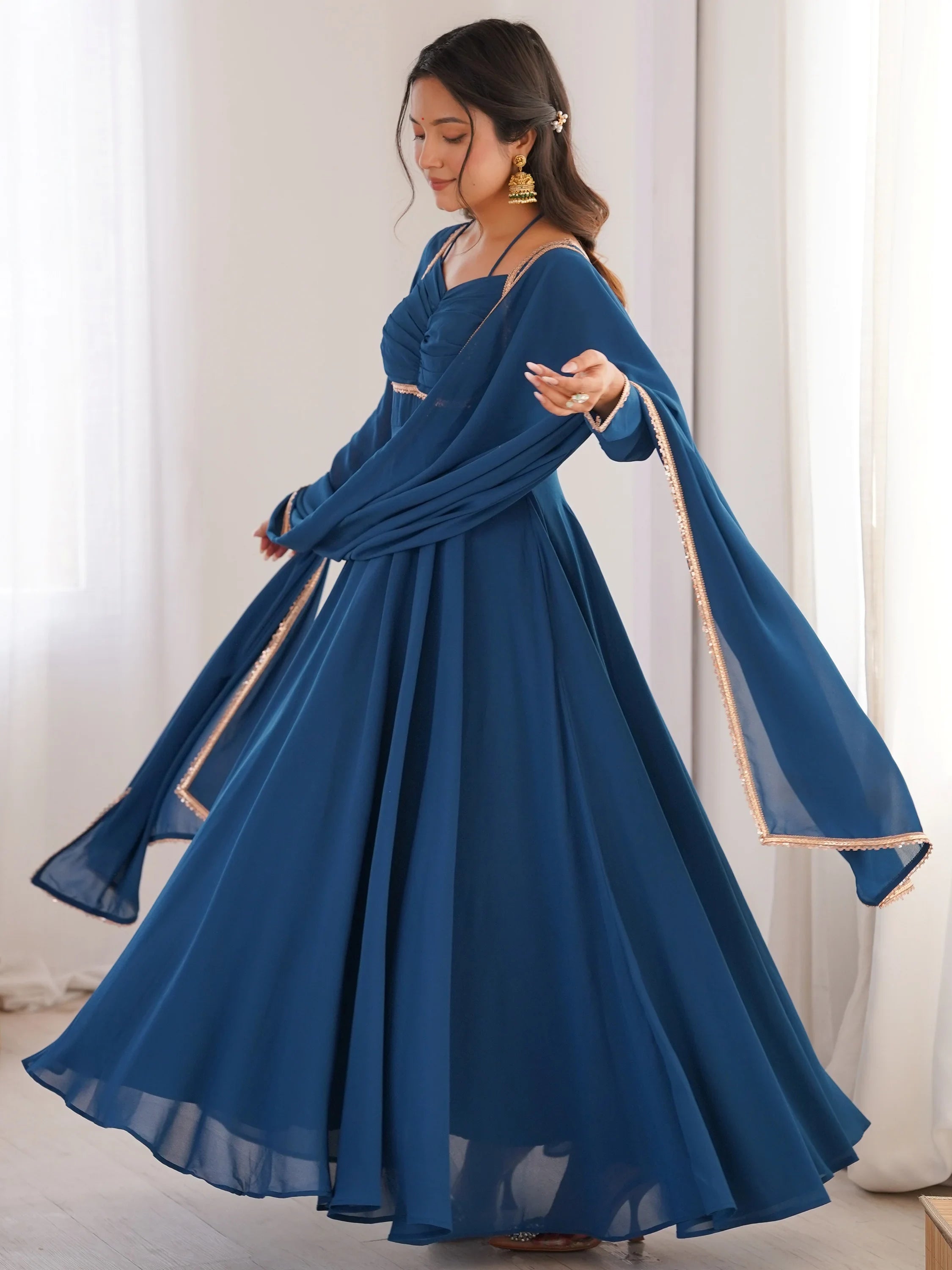 Blue Georgette Festival Wear Gown With Dupatta for Women