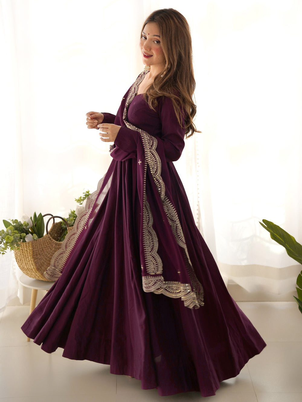 Wine Superior Silk Anarkali Pant Suit With Embroidered Dupatta