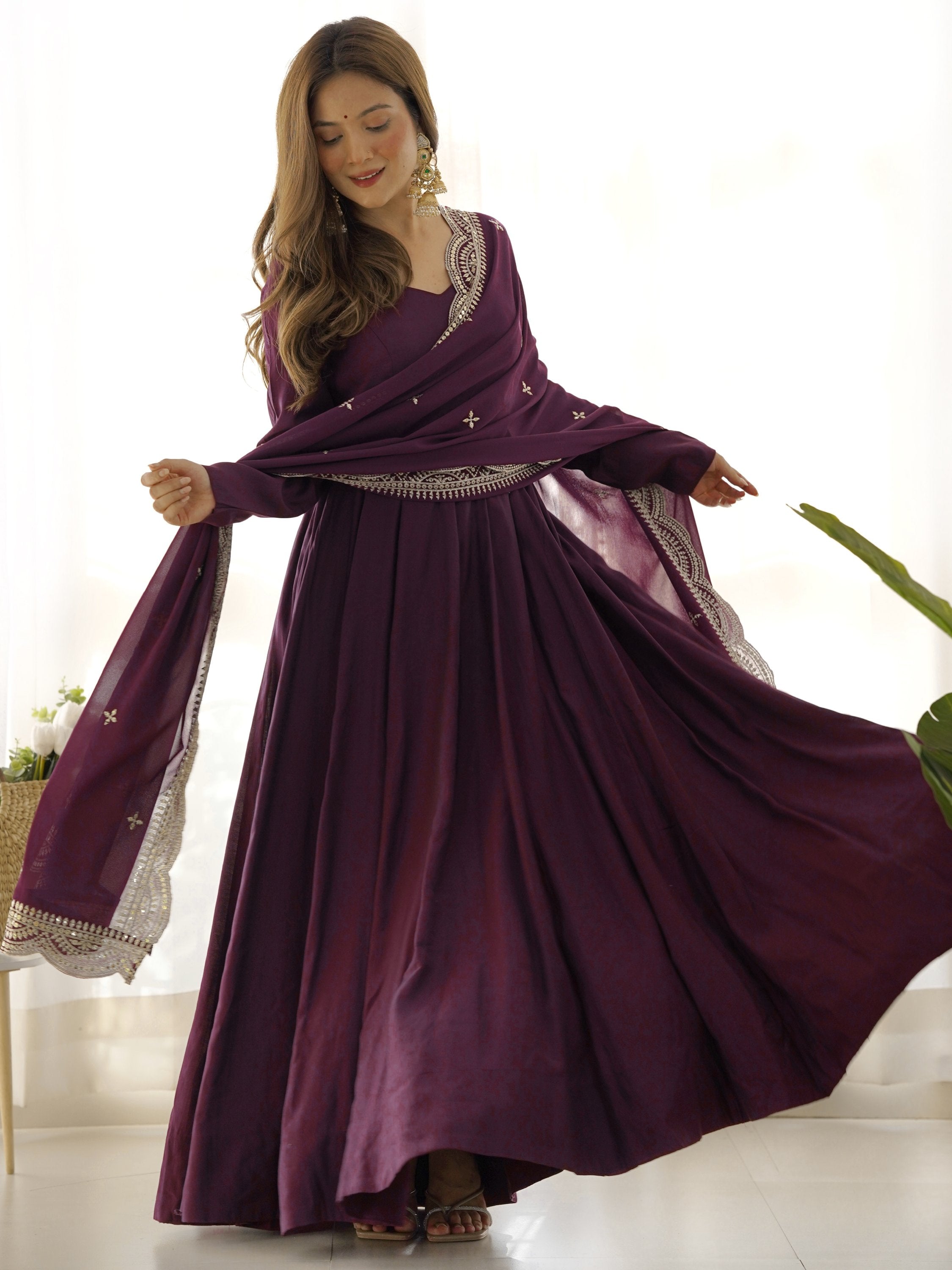Wine Superior Silk Anarkali Pant Suit With Embroidered Dupatta