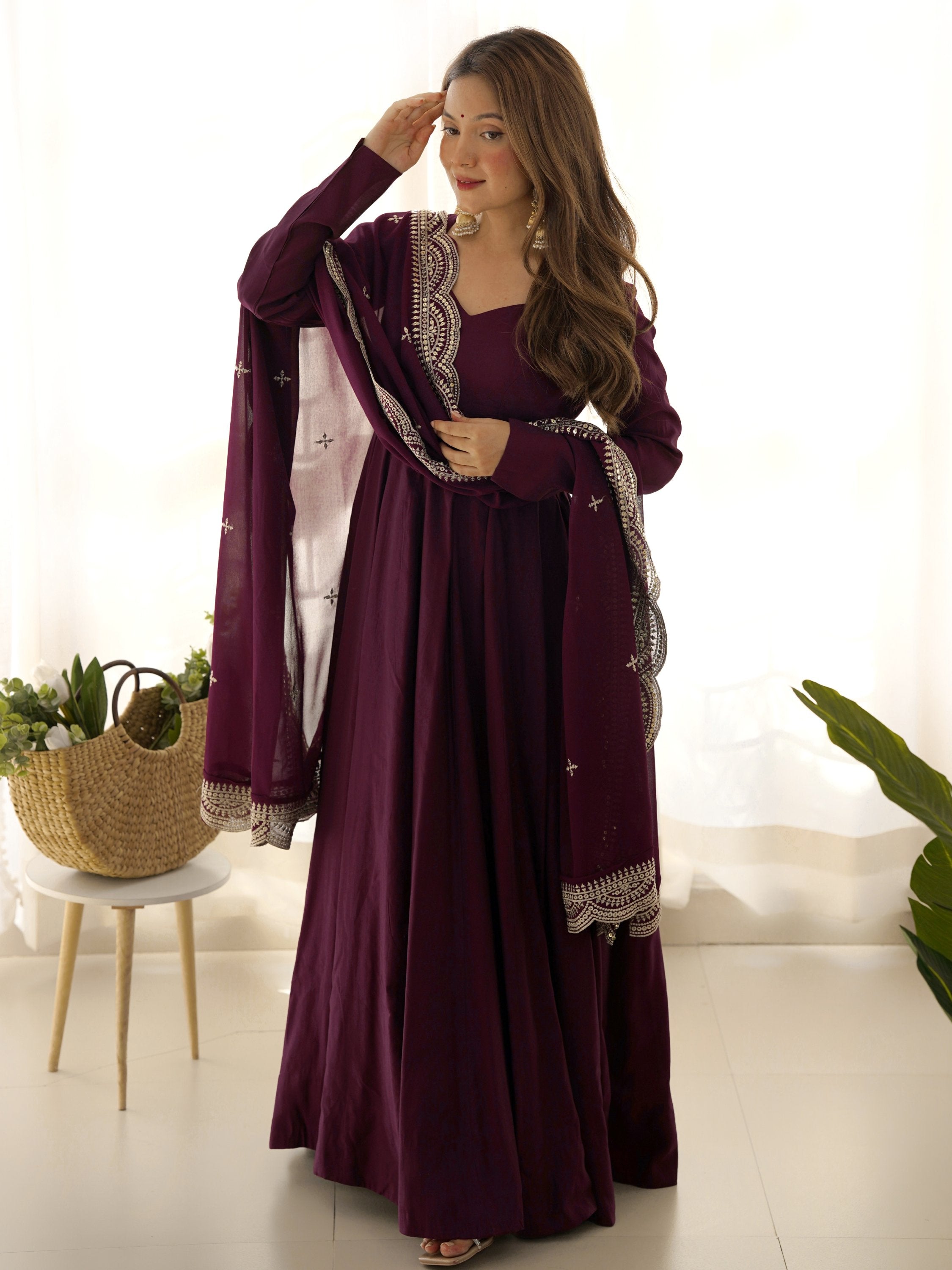 Wine Superior Silk Anarkali Pant Suit With Embroidered Dupatta