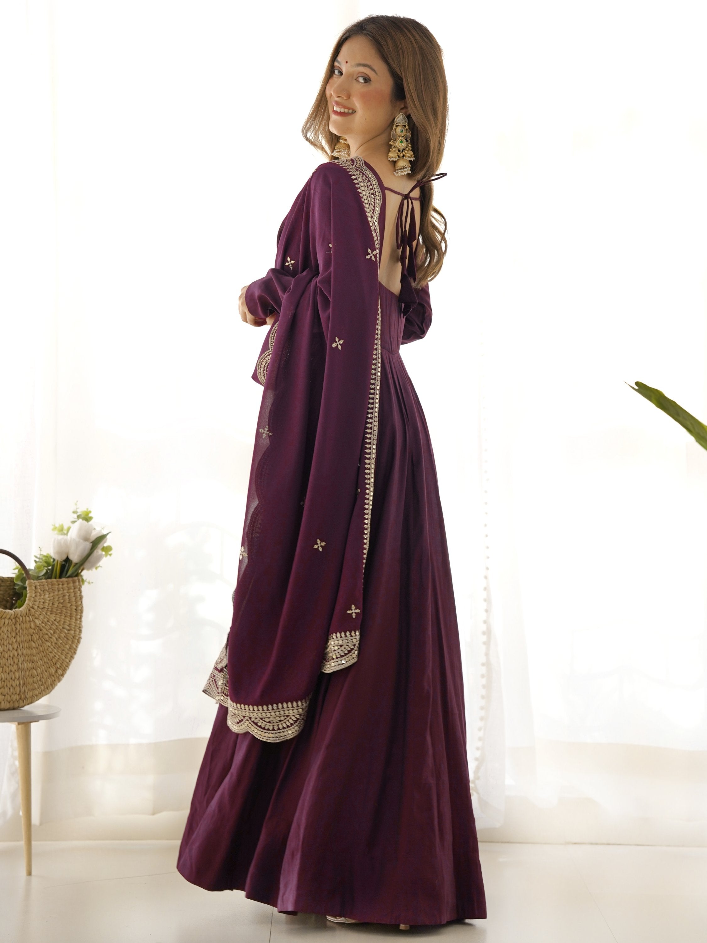 Wine Superior Silk Anarkali Pant Suit With Embroidered Dupatta