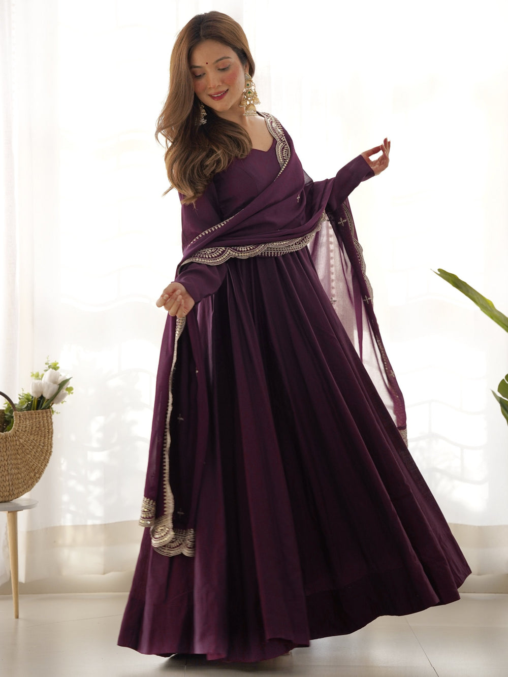 Wine Superior Silk Anarkali Pant Suit With Embroidered Dupatta