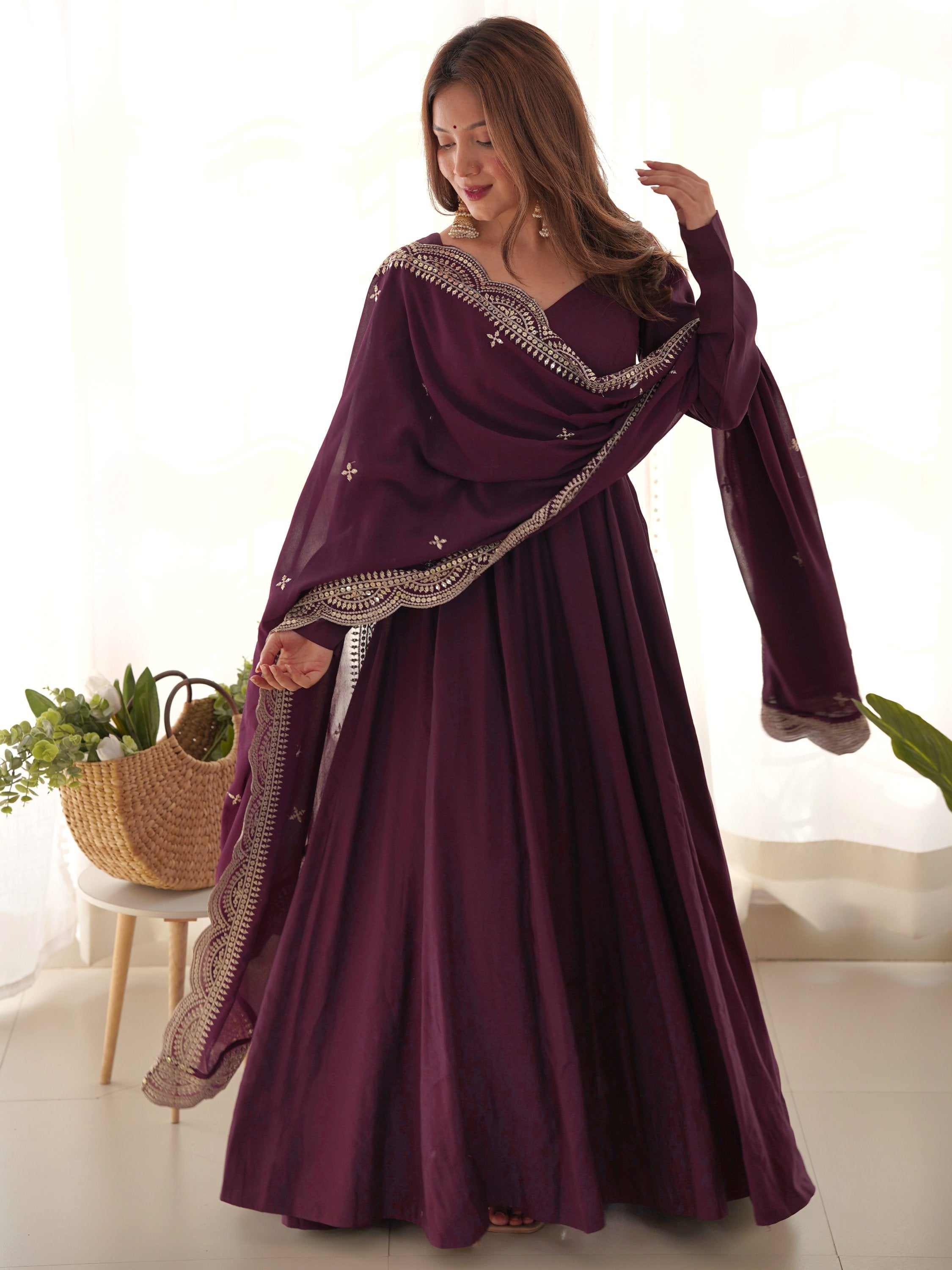 Wine Superior Silk Anarkali Pant Suit With Embroidered Dupatta