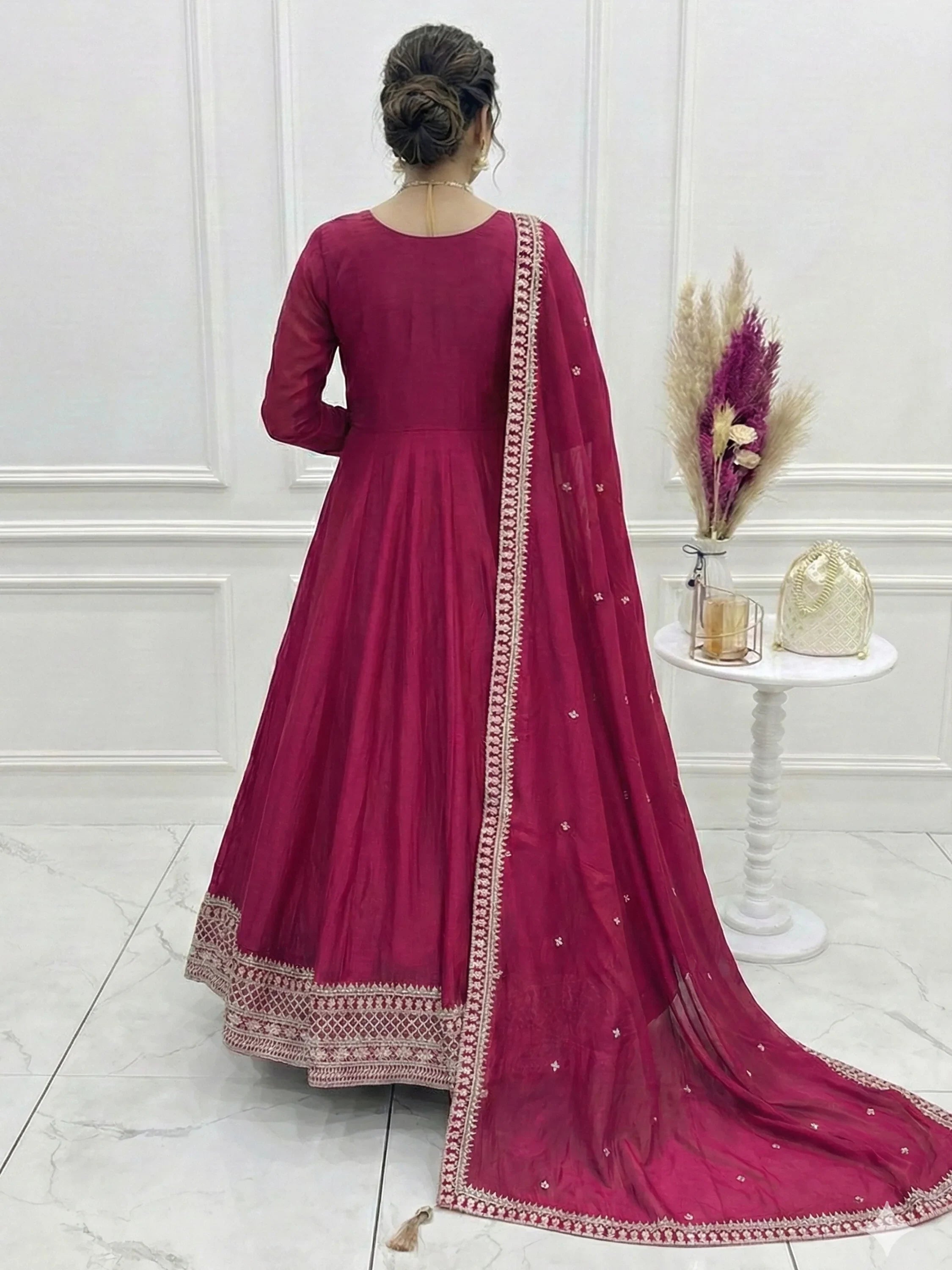 Pink Sequins Silk Festival Wear Anarkali Gown With Dupatta for Women