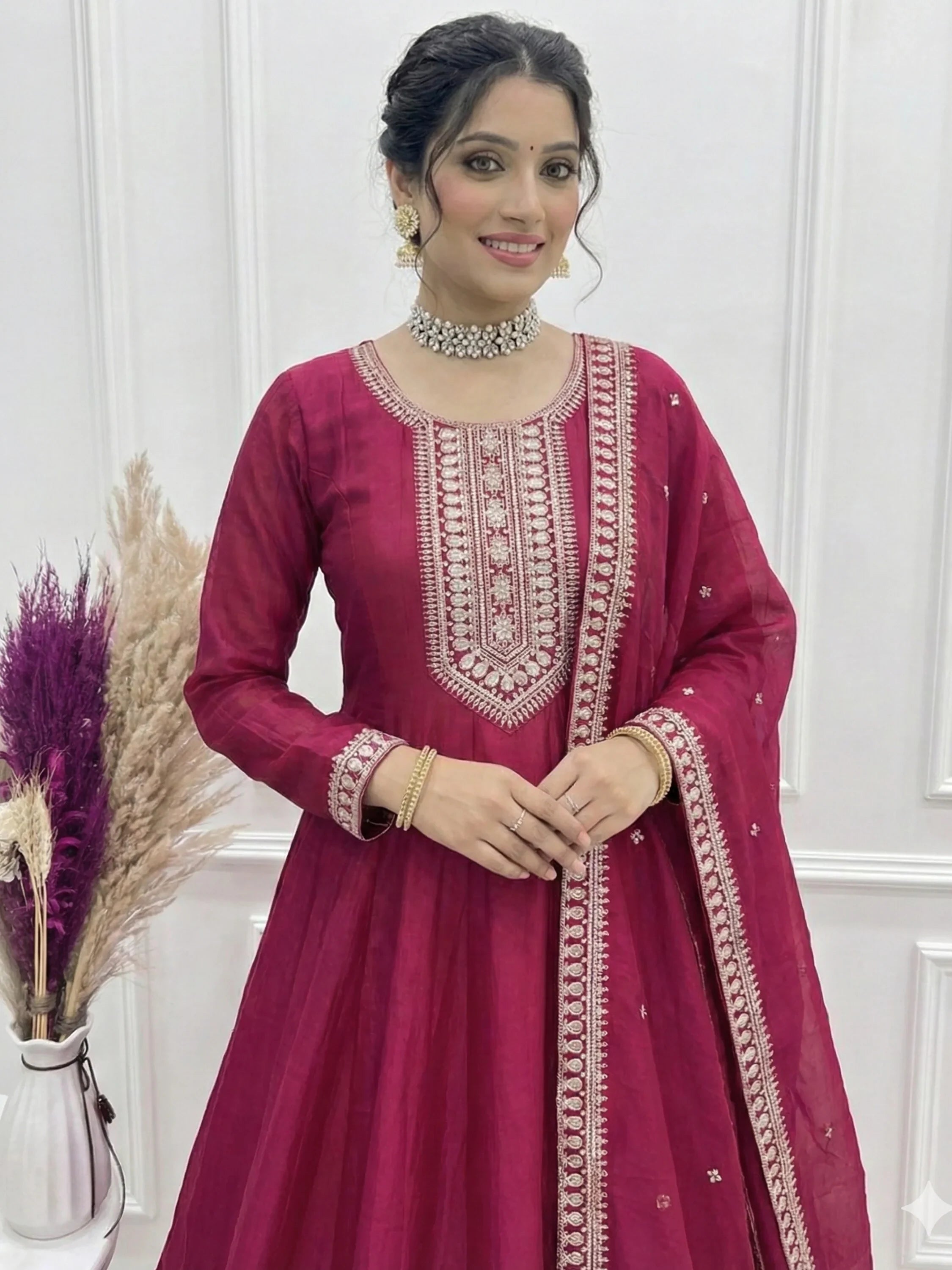 Pink Sequins Silk Festival Wear Anarkali Gown With Dupatta for Women
