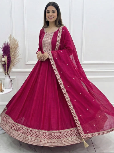 Pink Sequins Silk Festival Wear Anarkali Gown With Dupatta for Women