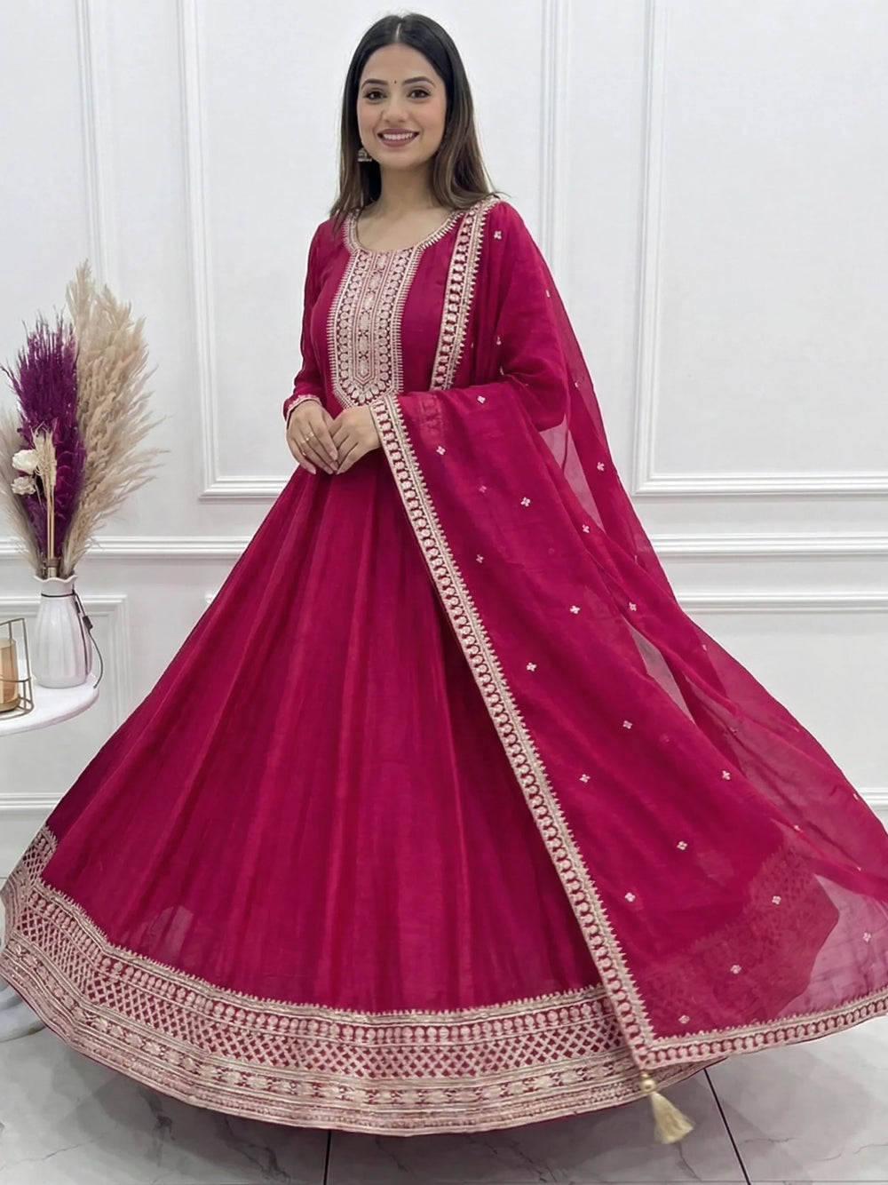 Pink Sequins Silk Festival Wear Anarkali Gown With Dupatta for Women