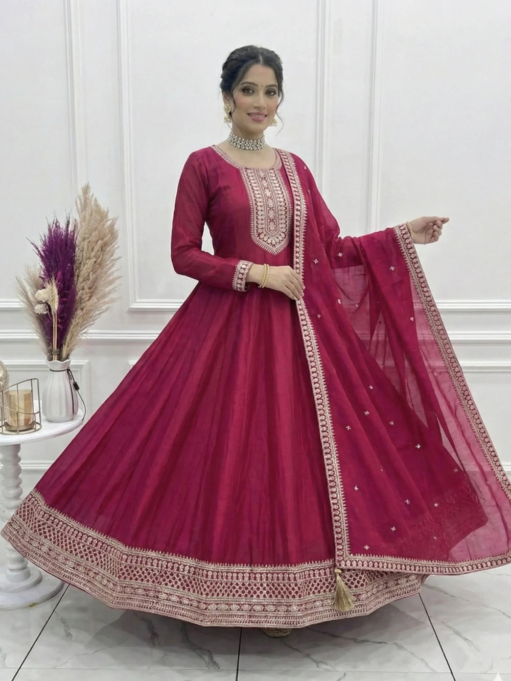 Pink Sequins Silk Festival Wear Anarkali Gown With Dupatta for Women