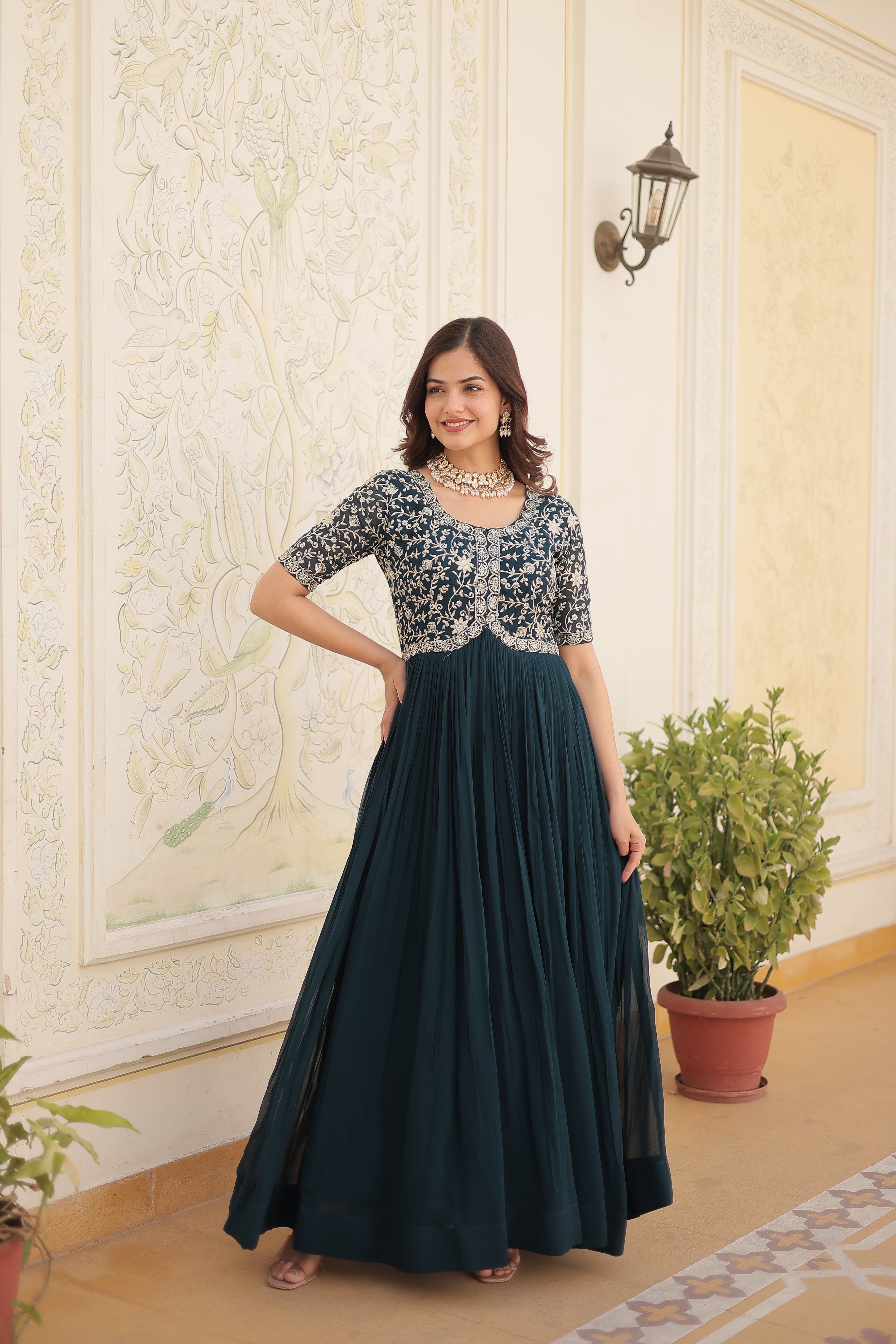 Teal Blue Georgette Zari Embroidered Reception Gown for Women