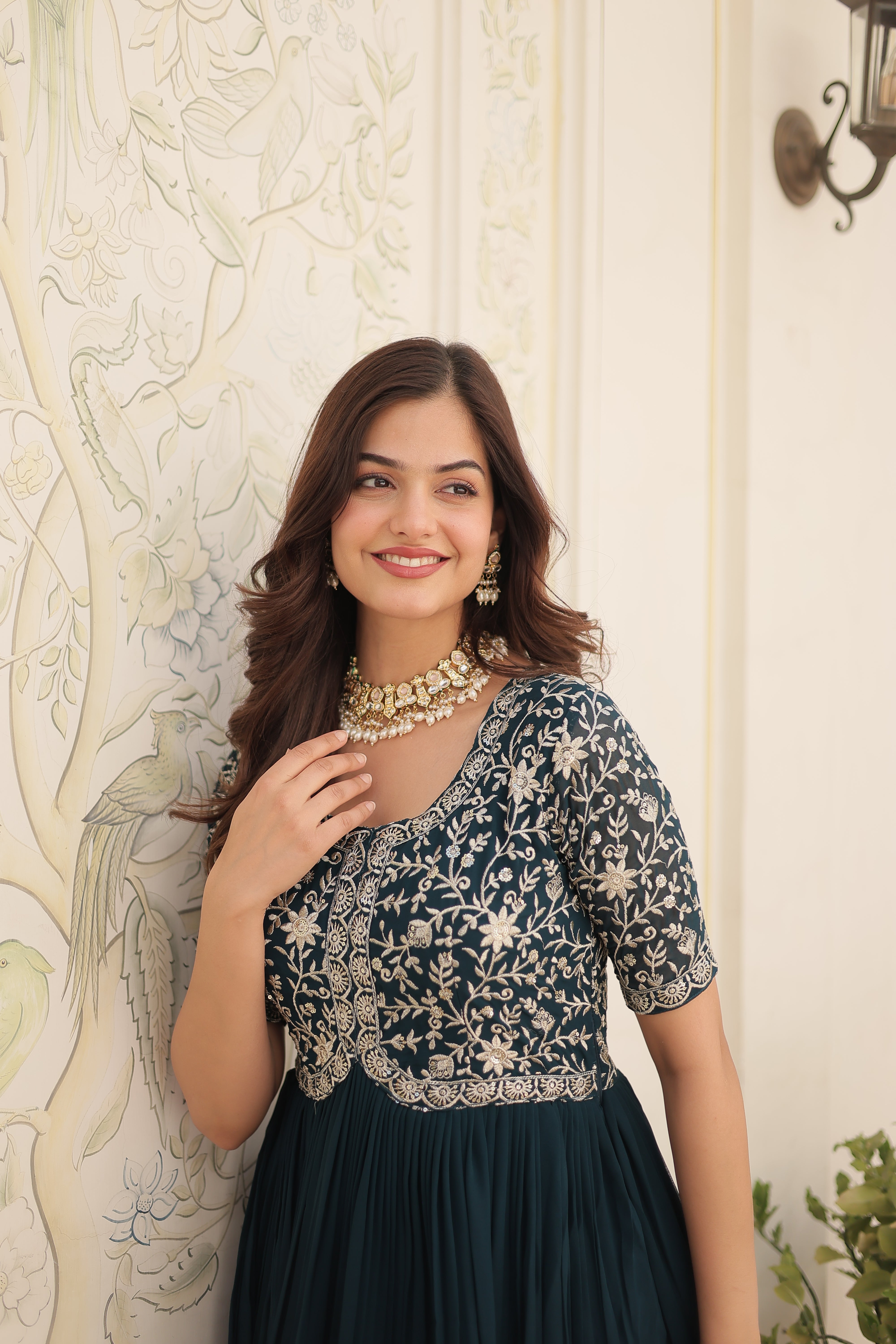 Teal Blue Georgette Zari Embroidered Reception Gown for Women