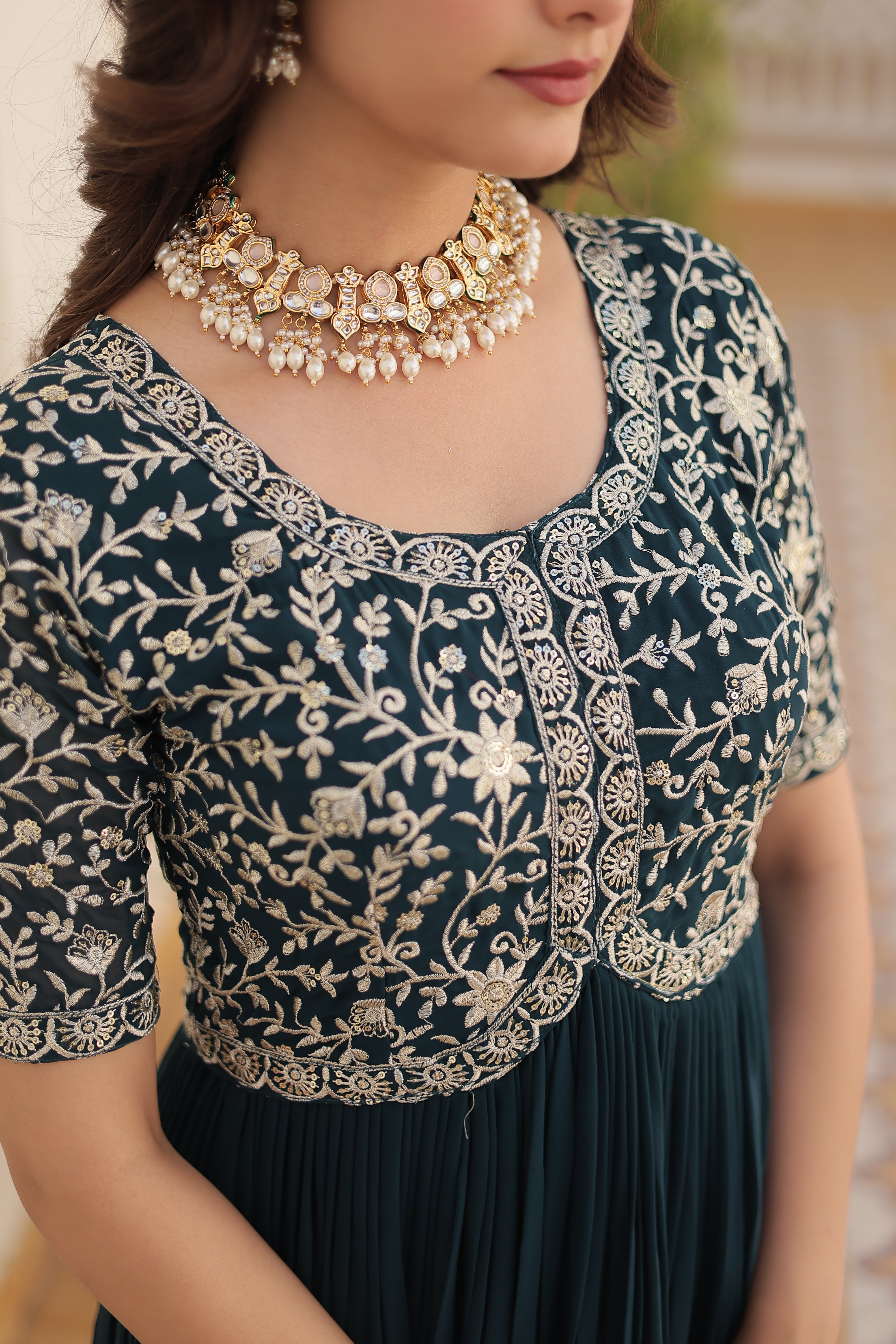 Teal Blue Georgette Zari Embroidered Reception Gown for Women