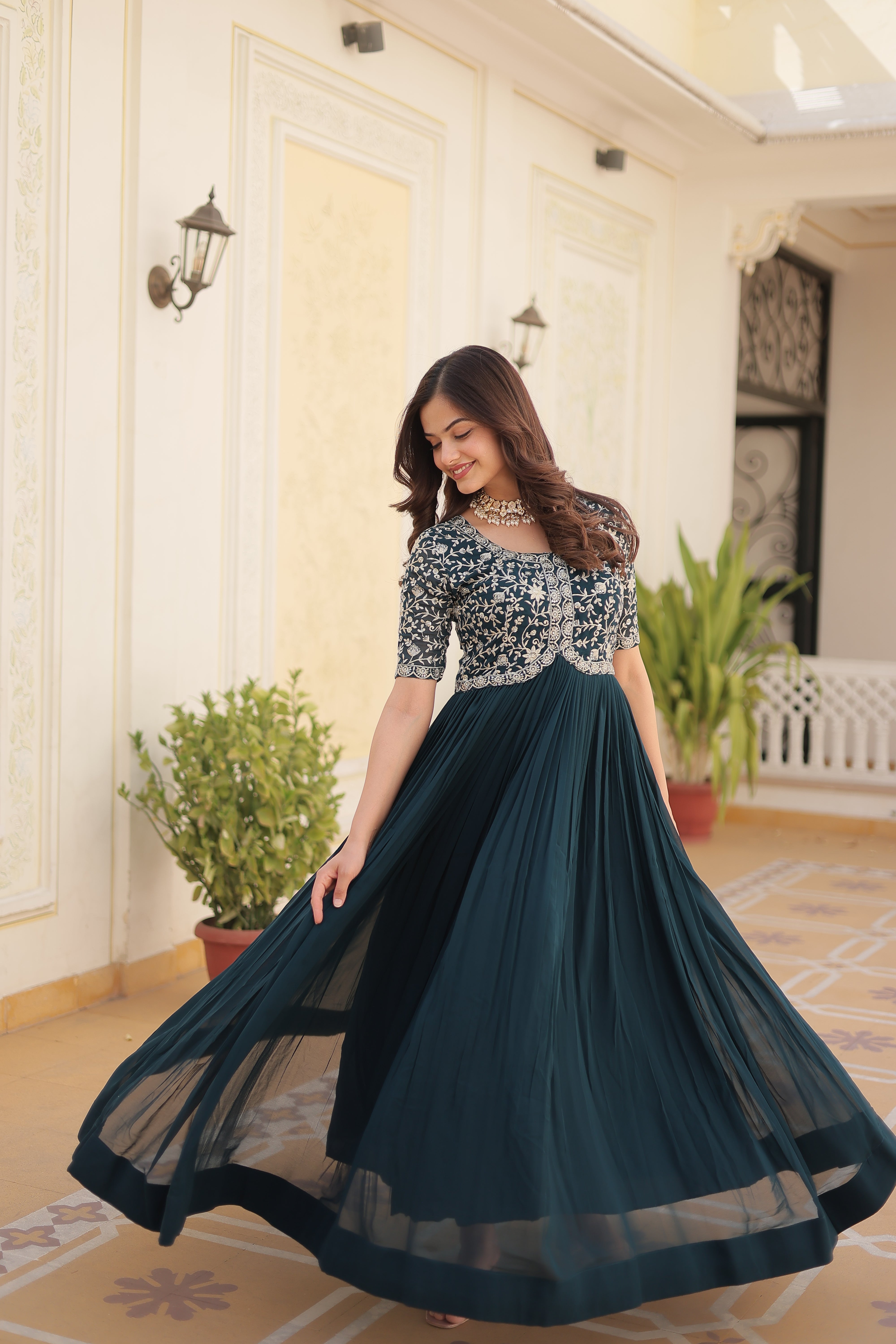 Teal Blue Georgette Zari Embroidered Reception Gown for Women