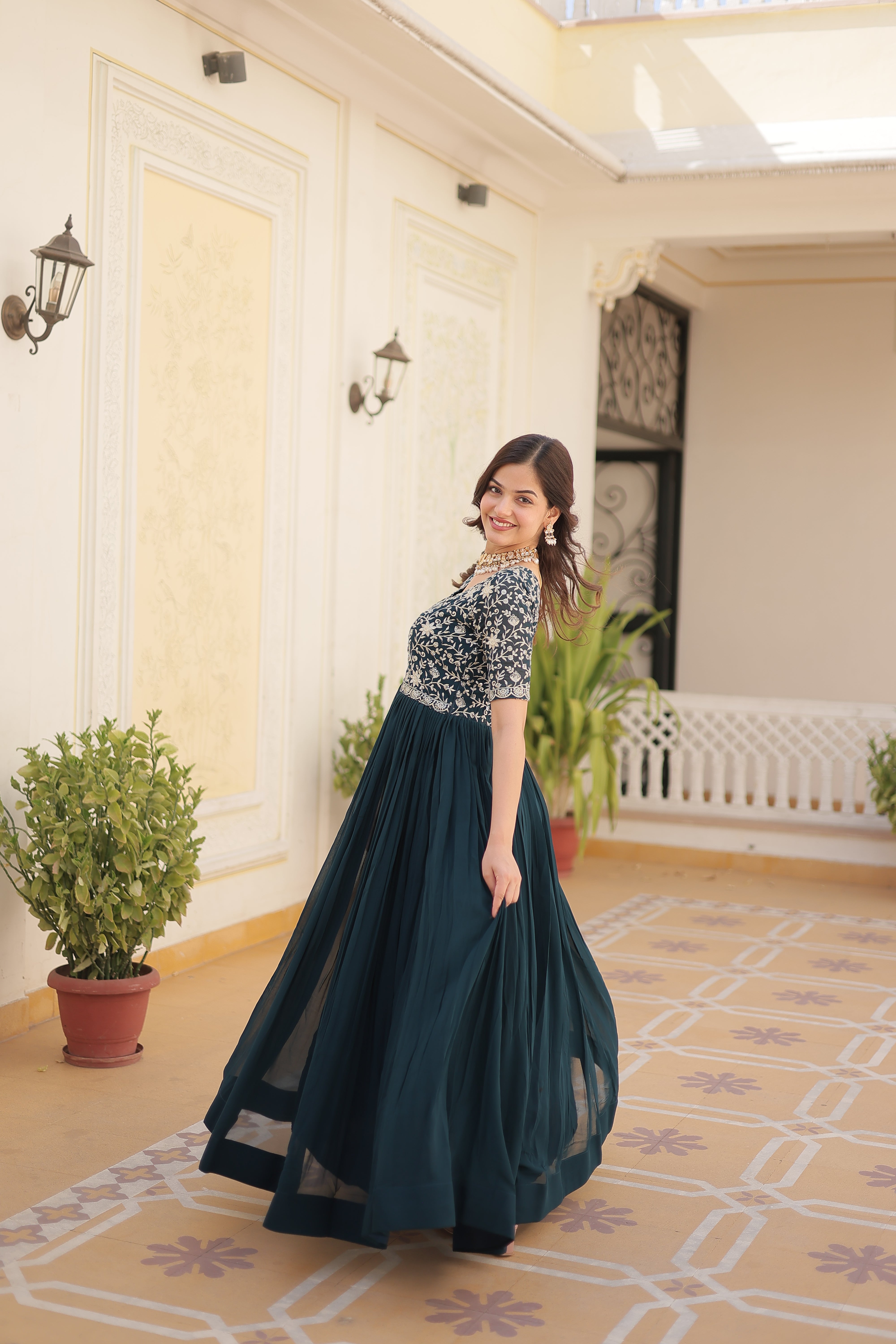 Teal Blue Georgette Zari Embroidered Reception Gown for Women