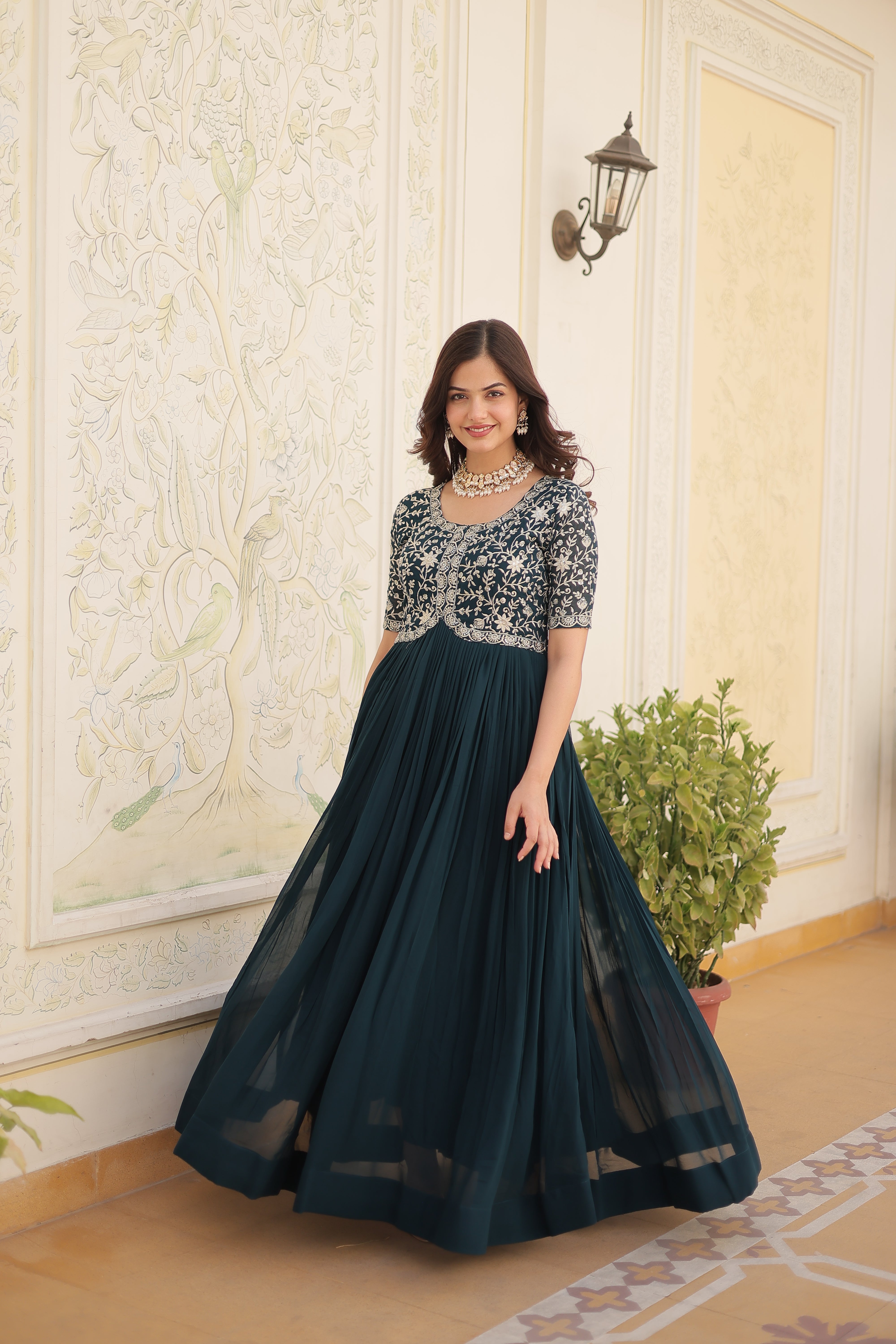 Teal Blue Georgette Zari Embroidered Reception Gown for Women