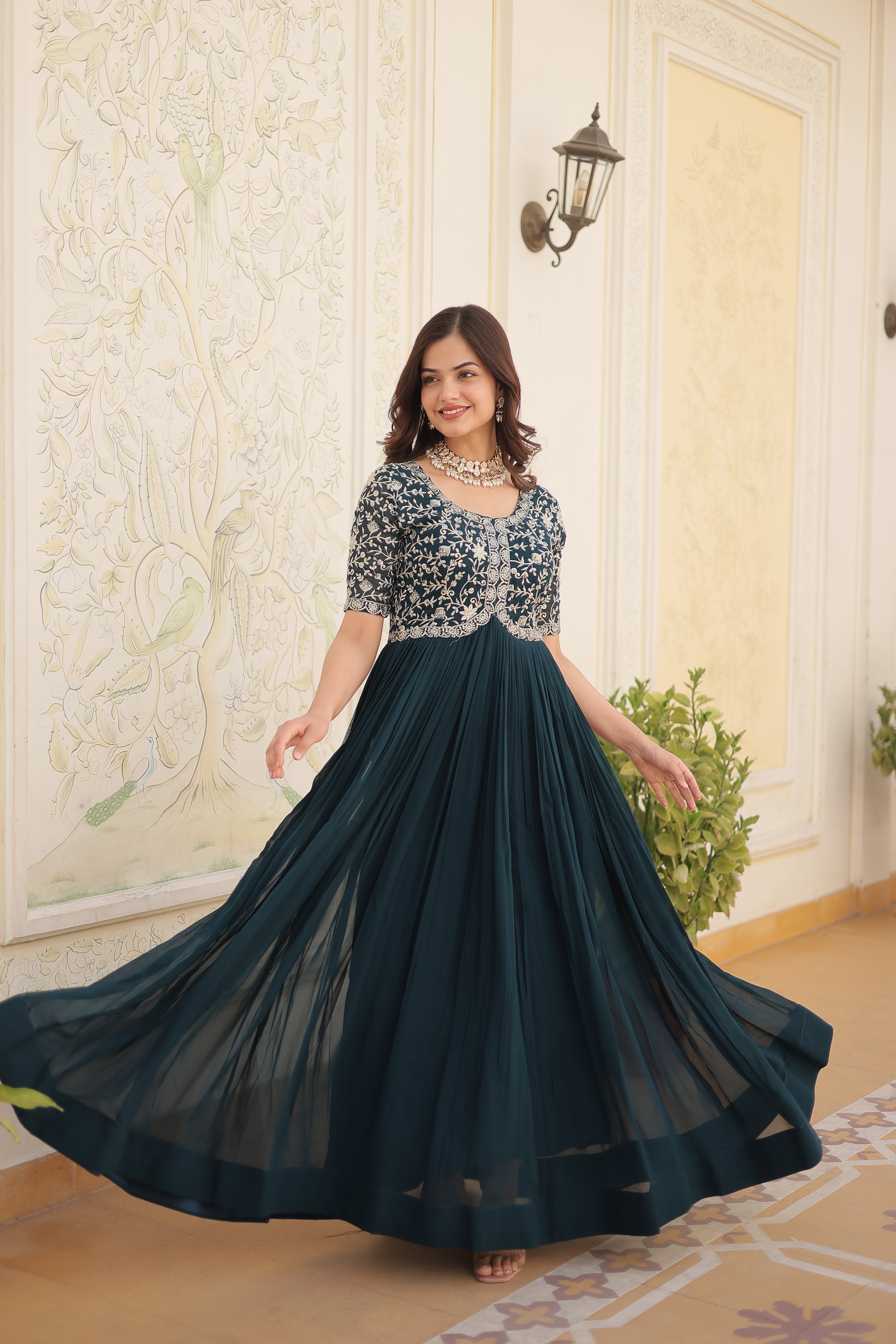 Teal Blue Georgette Zari Embroidered Reception Gown for Women