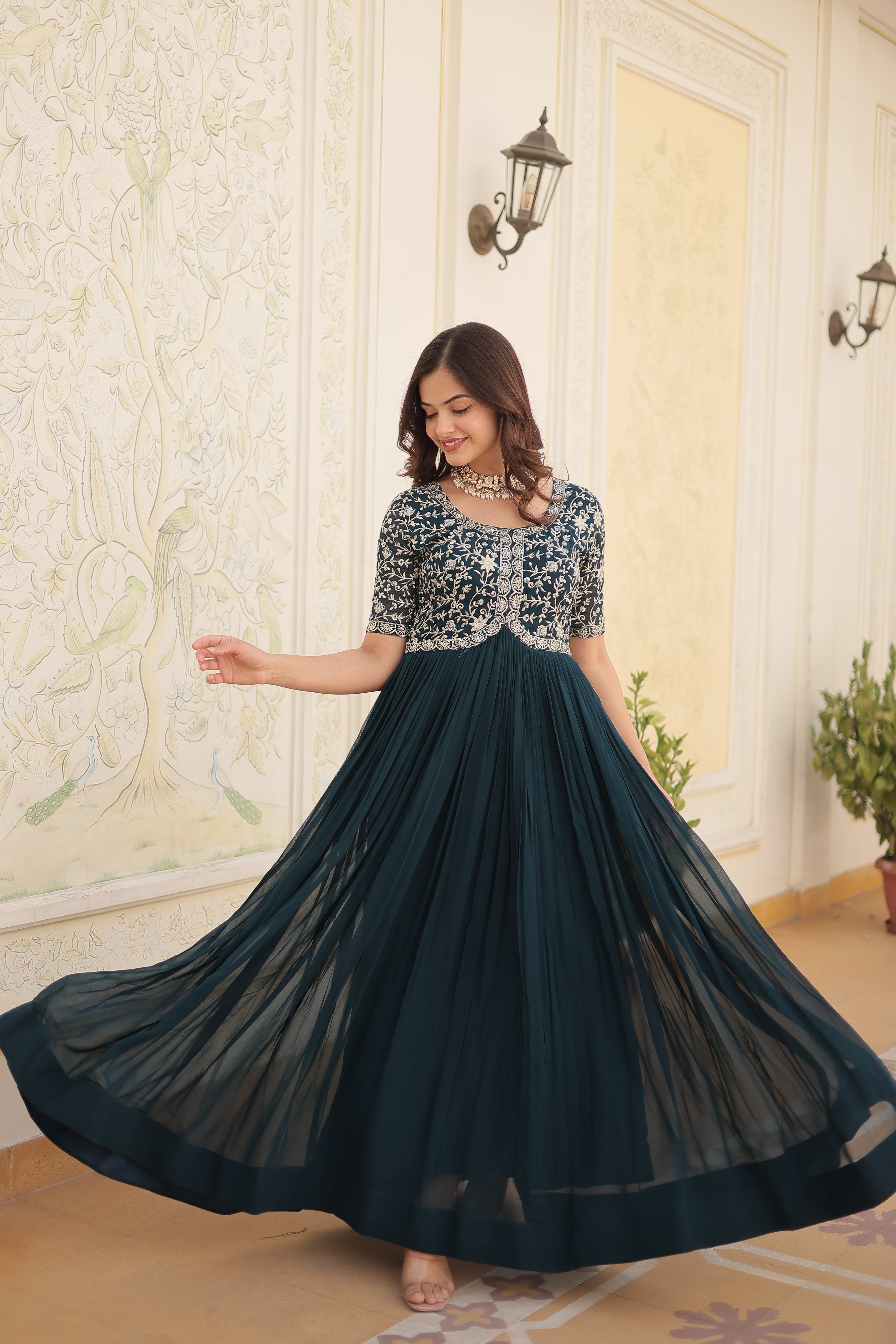 Teal Blue Georgette Zari Embroidered Reception Gown for Women