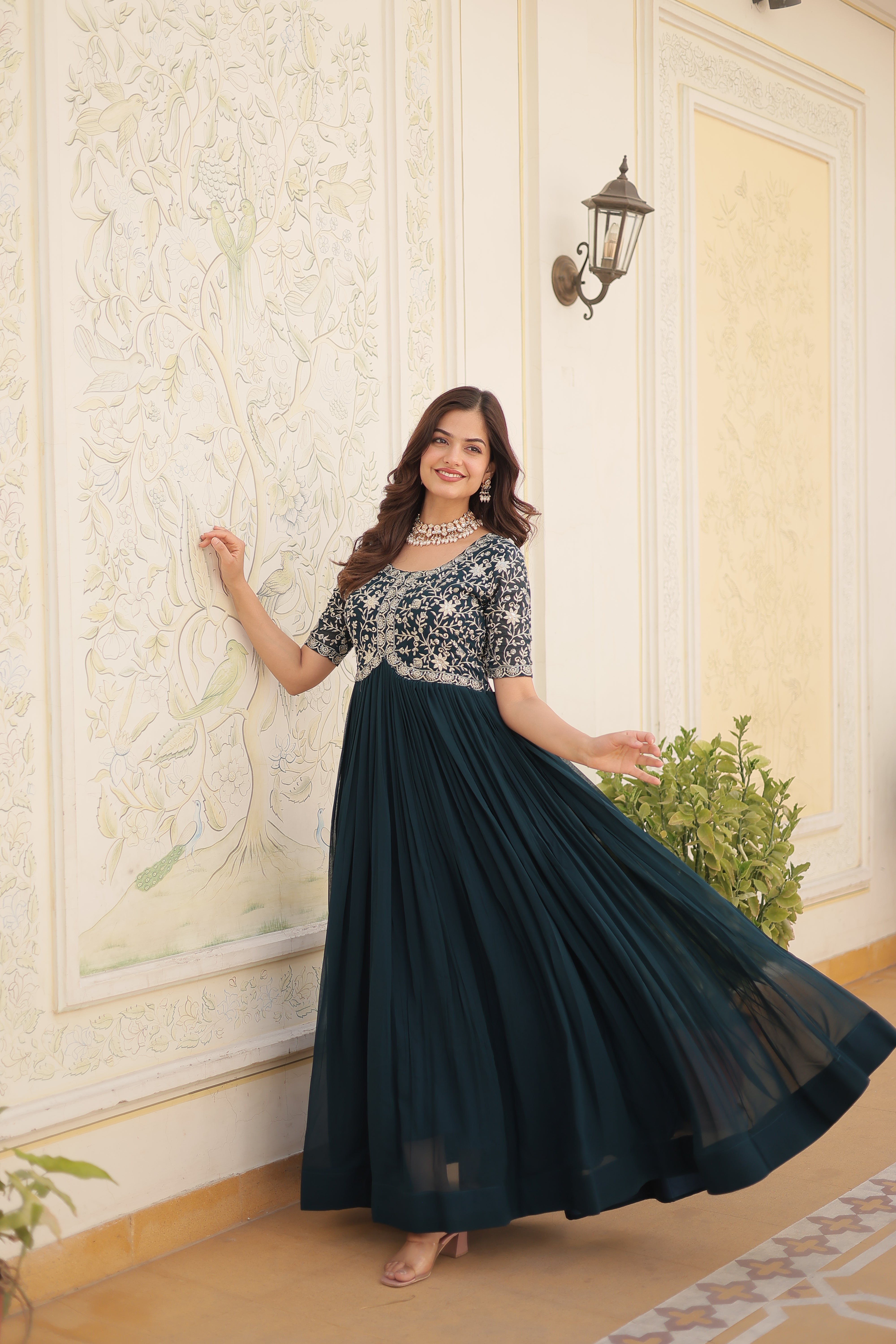 Teal Blue Georgette Zari Embroidered Reception Gown for Women