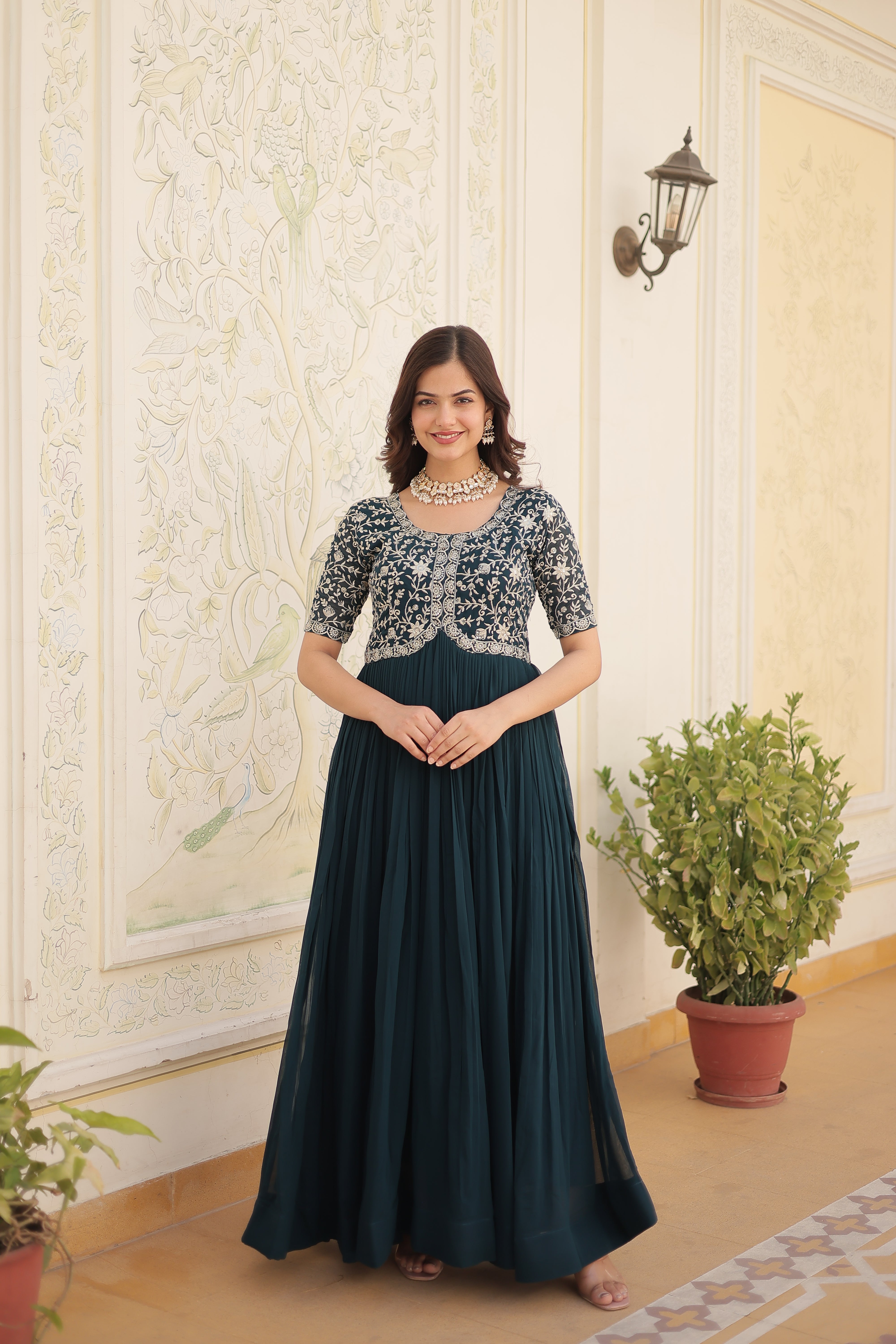 Teal Blue Georgette Zari Embroidered Reception Gown for Women