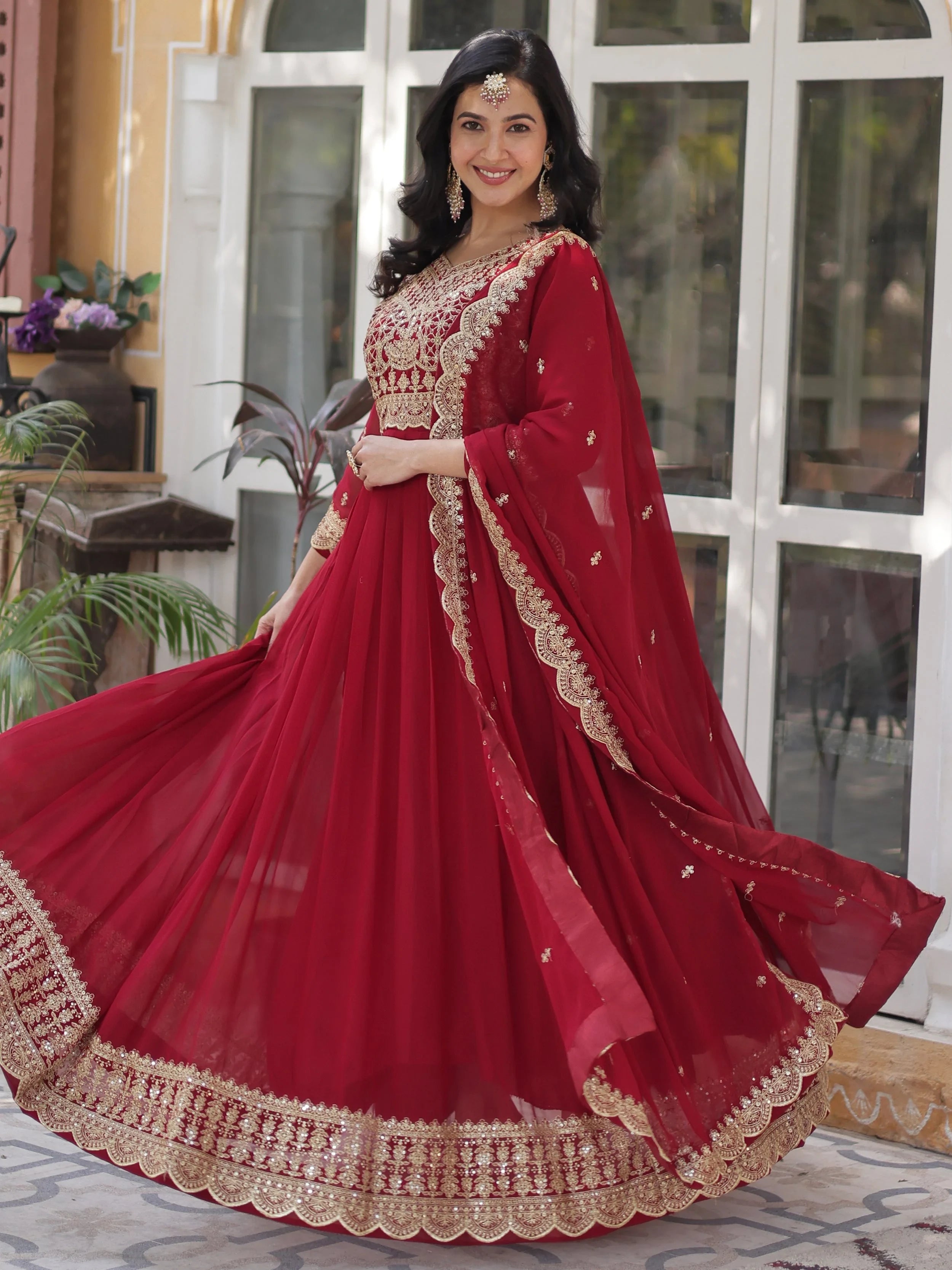 Maroon Georgette Embroidered Wedding Gown With Dupatta