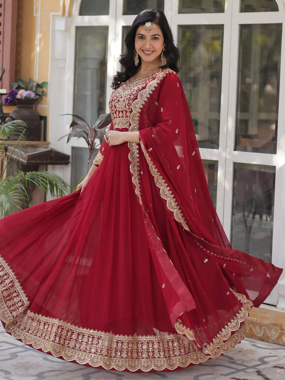 Maroon Georgette Embroidered Wedding Gown With Dupatta