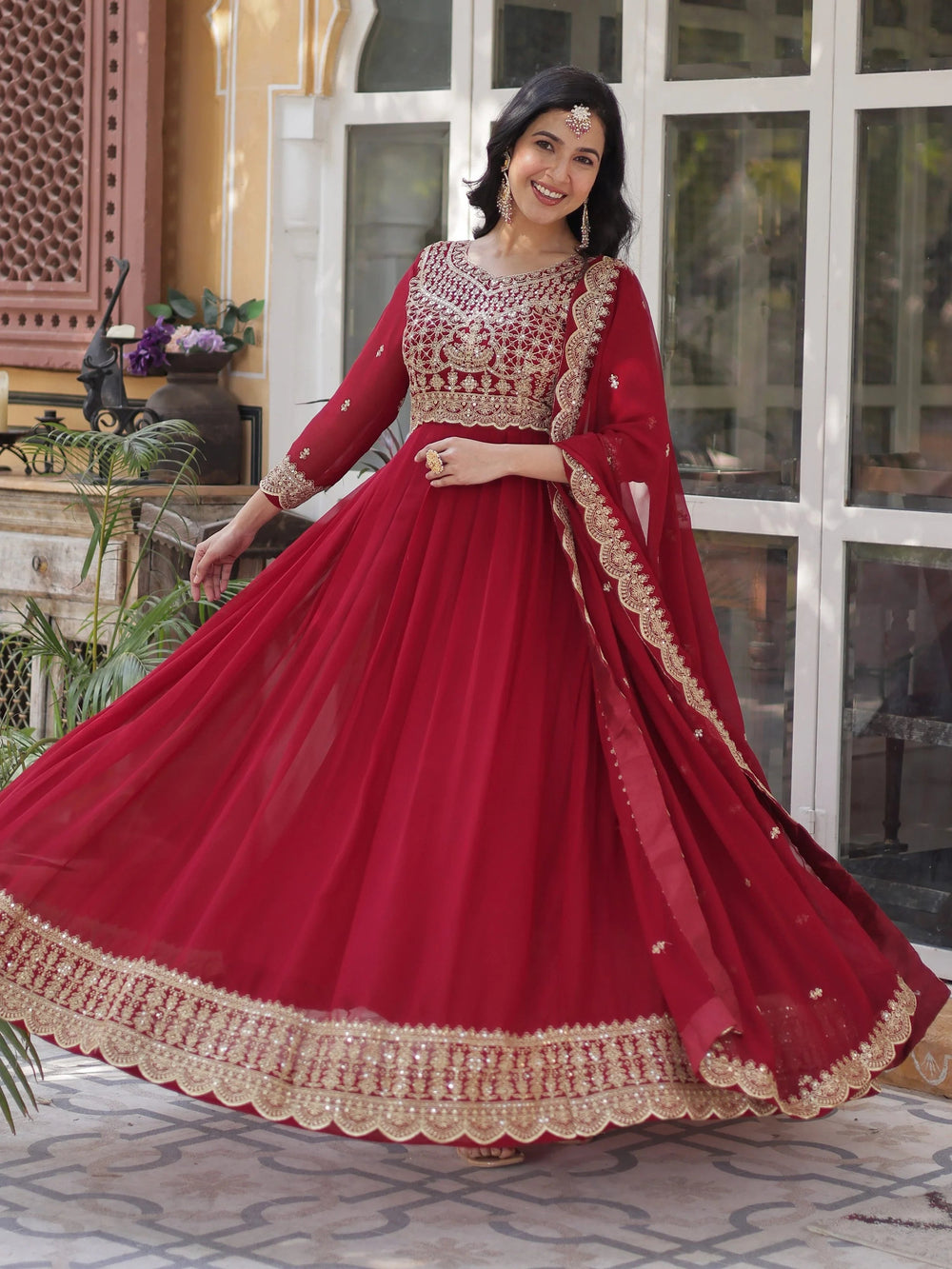 Maroon Georgette Embroidered Wedding Gown With Dupatta