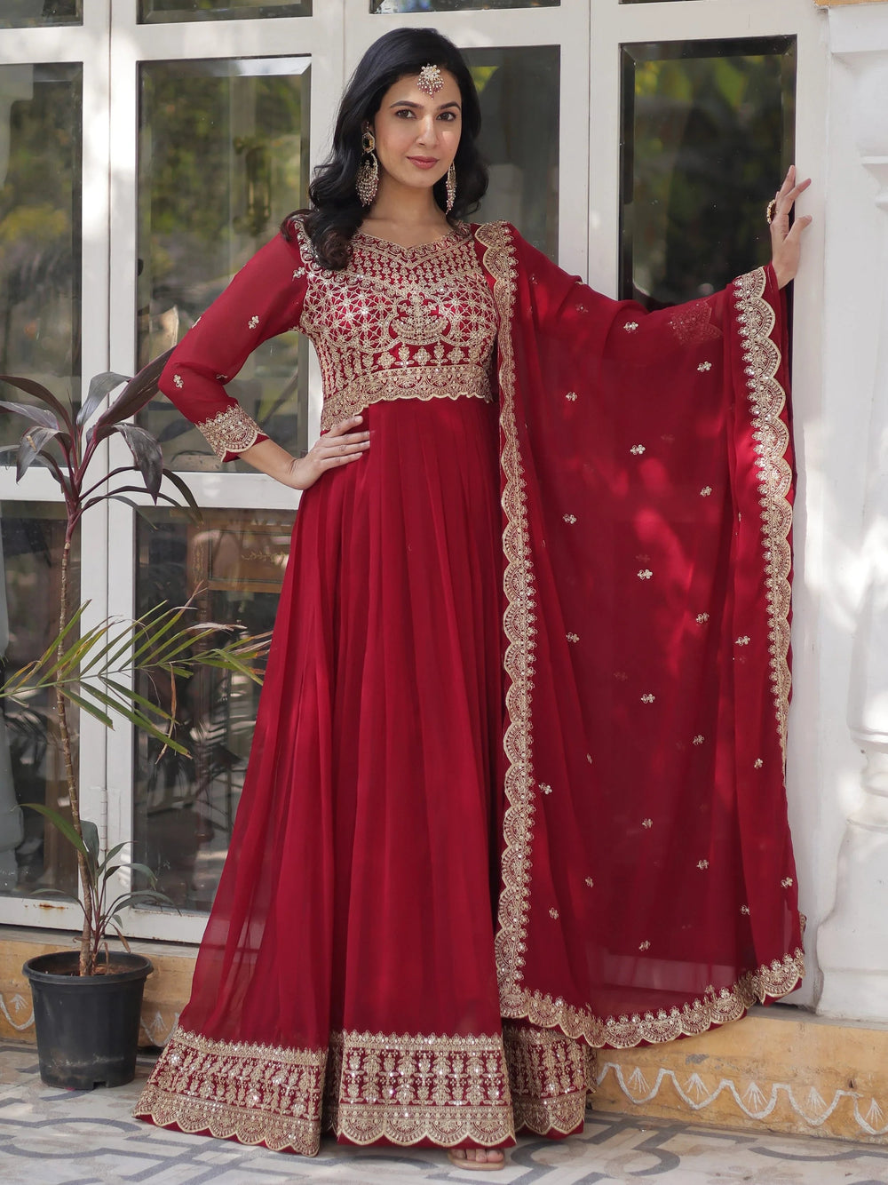 Maroon Georgette Embroidered Wedding Gown With Dupatta