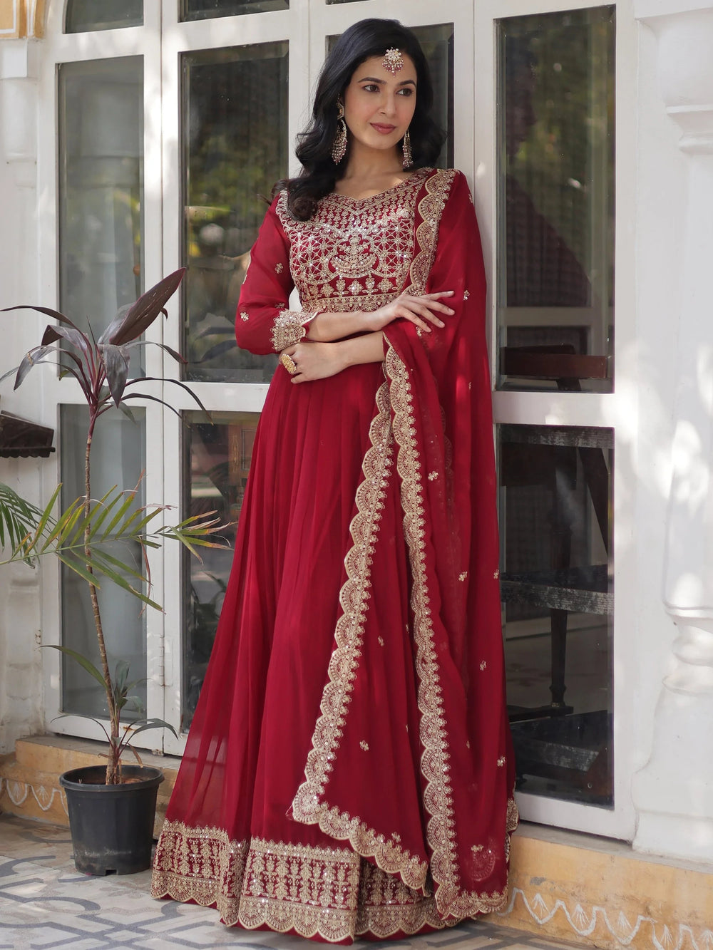 Maroon Georgette Embroidered Wedding Gown With Dupatta