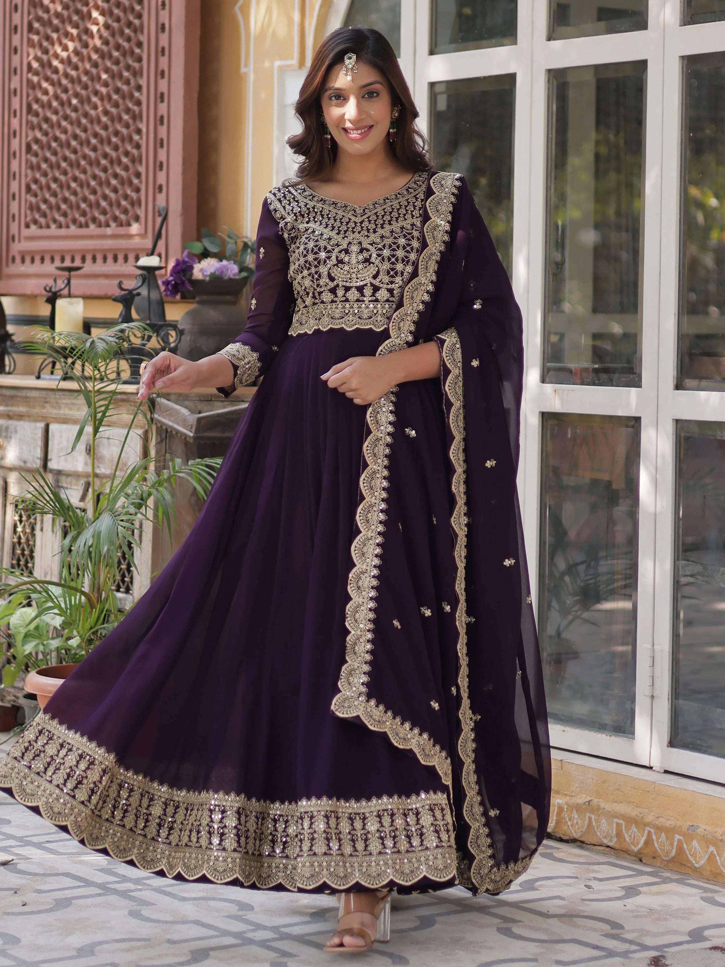 Purple Georgette Embroidered Festive Wear Gown With Dupatta