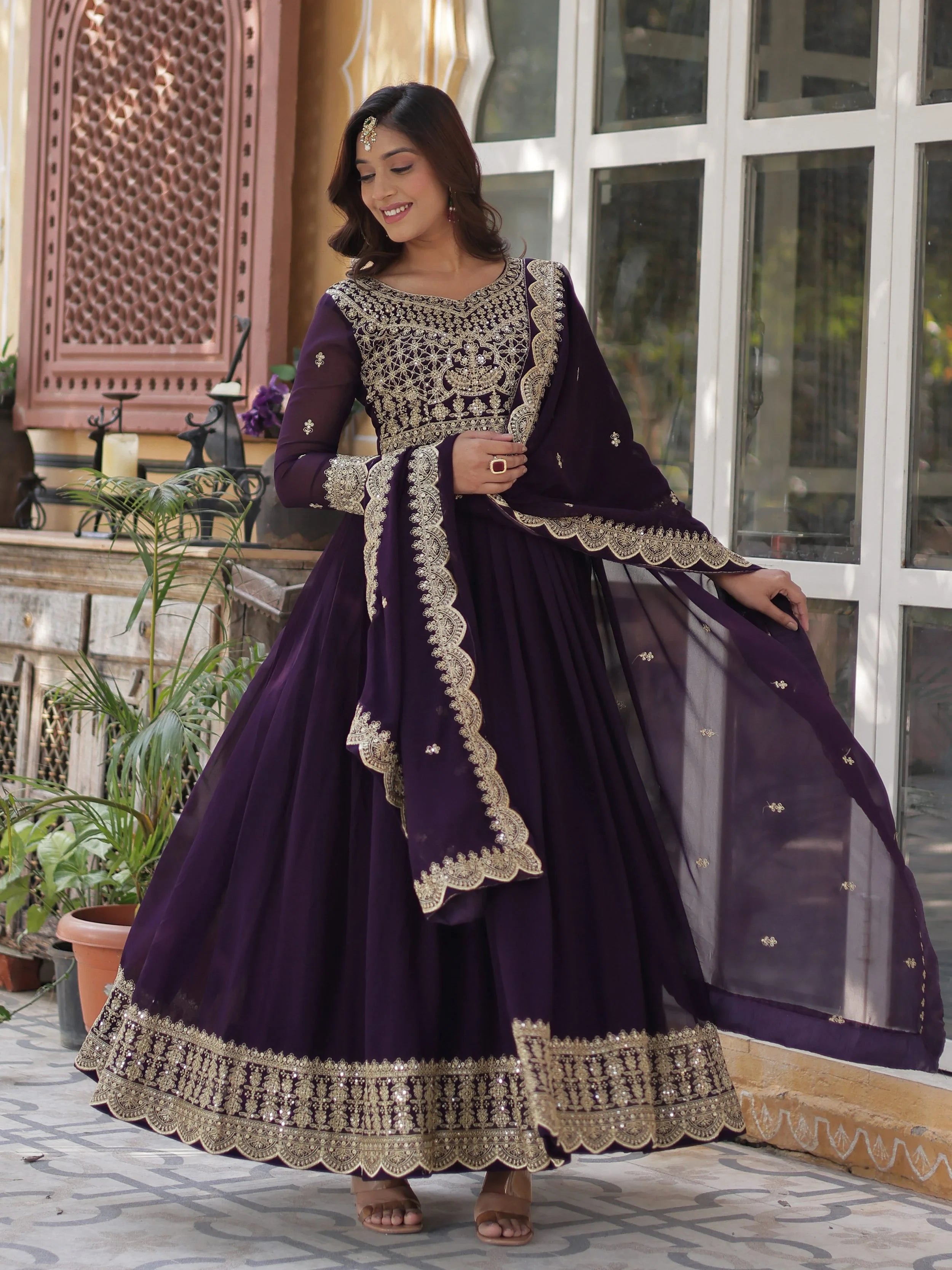 Purple Georgette Embroidered Festive Wear Gown With Dupatta