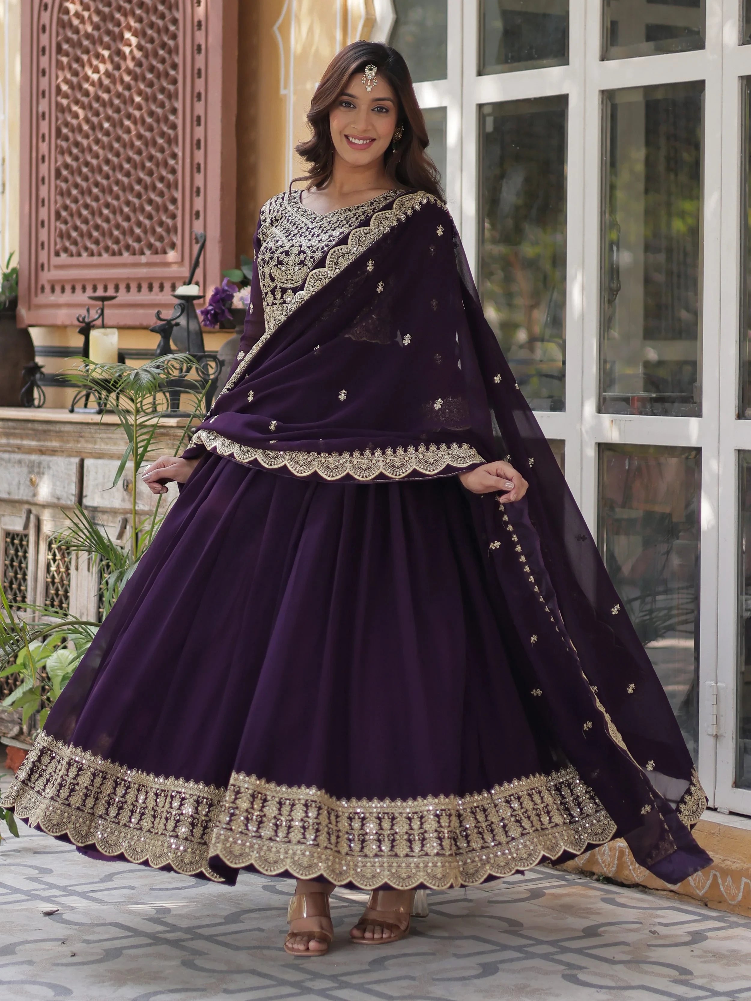 Purple Georgette Embroidered Festive Wear Gown With Dupatta