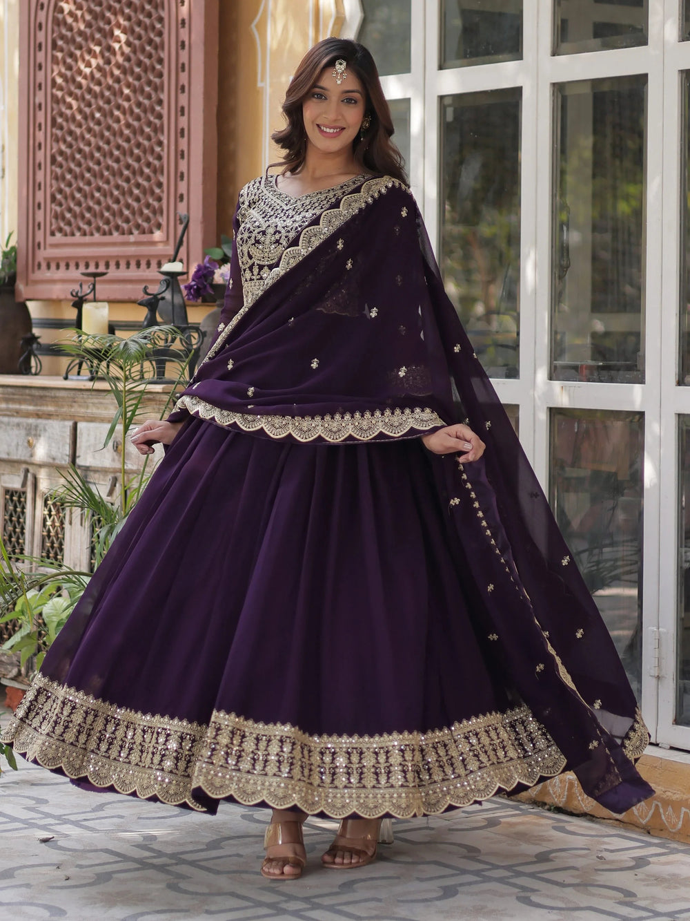 Purple Georgette Embroidered Festive Wear Gown With Dupatta