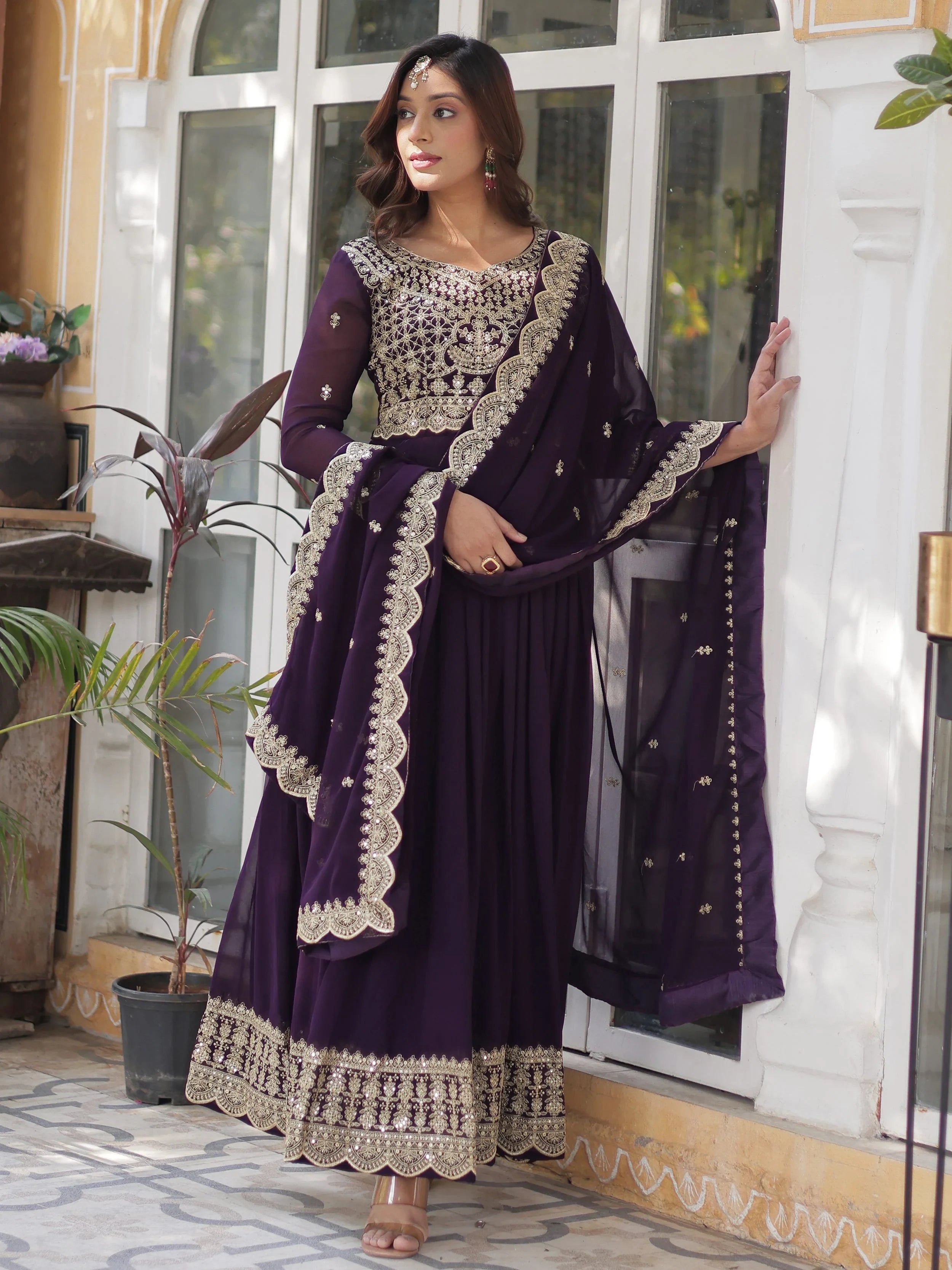 Purple Georgette Embroidered Festive Wear Gown With Dupatta