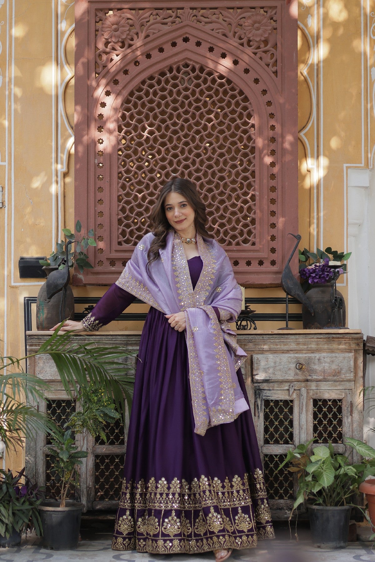 Purple Georgette Embroidered Wedding Gown With Dupatta