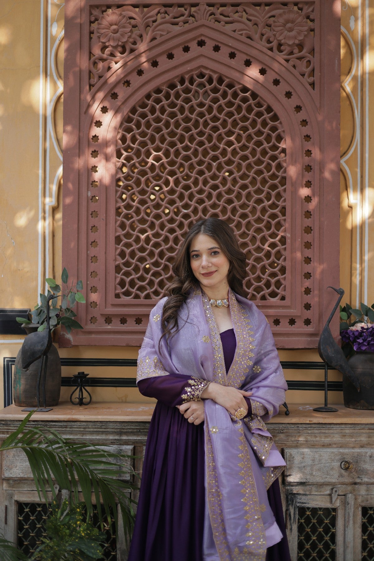 Purple Georgette Embroidered Wedding Gown With Dupatta