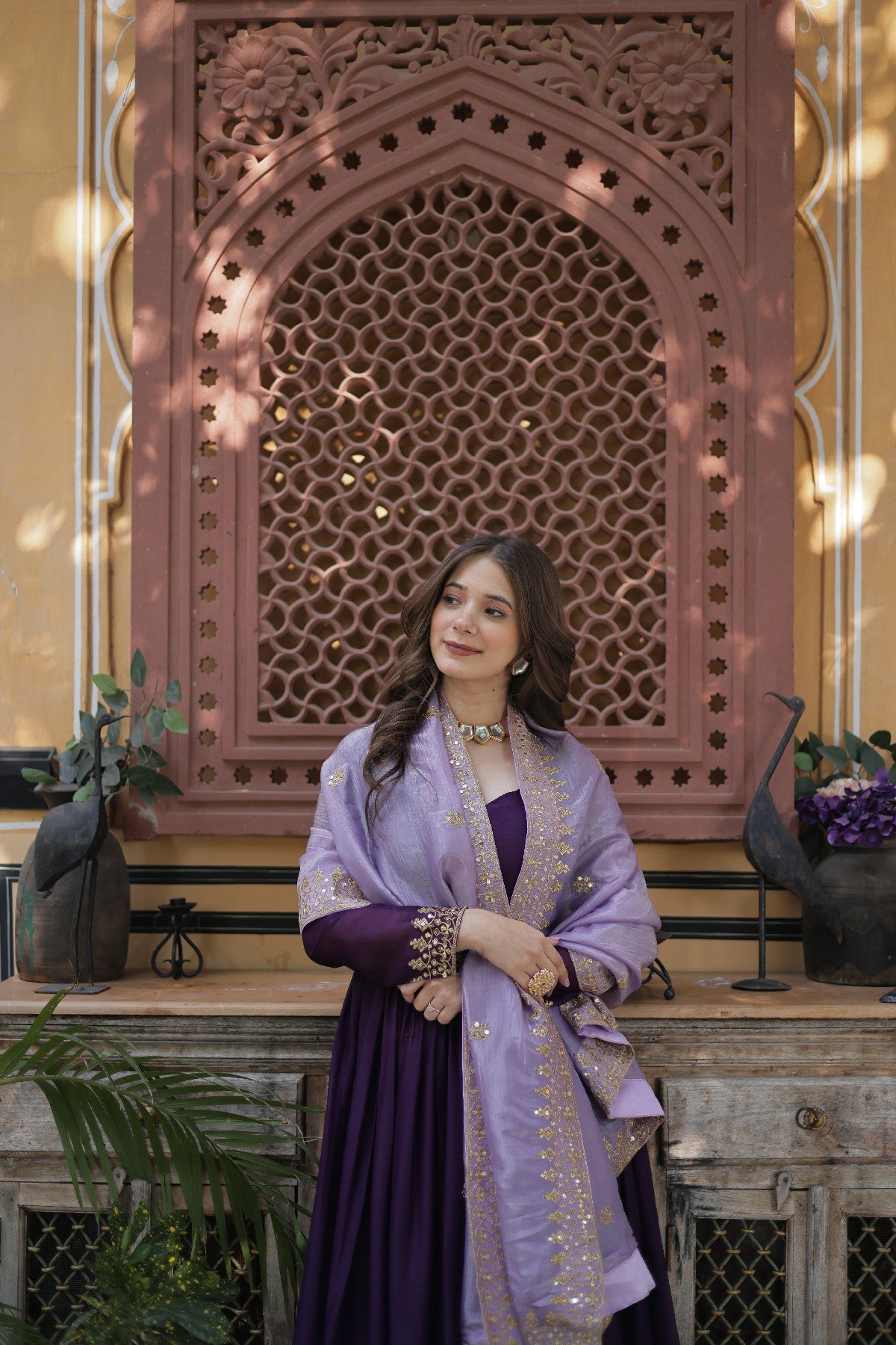 Purple Georgette Embroidered Wedding Gown With Dupatta