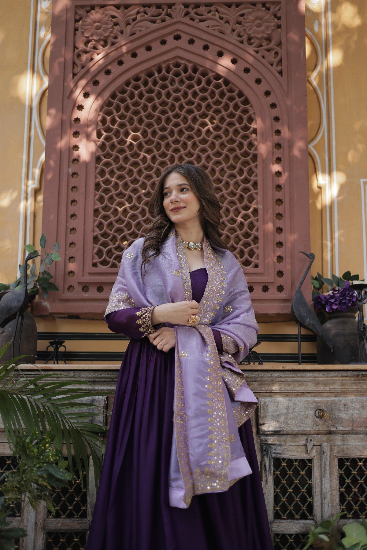 Purple Georgette Embroidered Wedding Gown With Dupatta