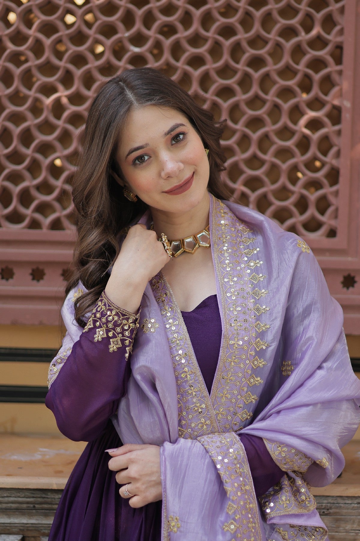 Purple Georgette Embroidered Wedding Gown With Dupatta