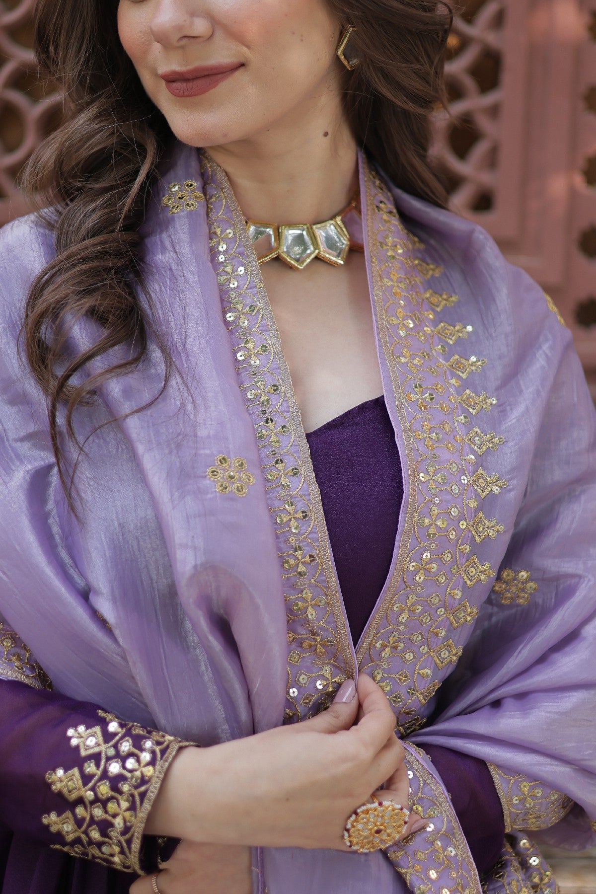 Purple Georgette Embroidered Wedding Gown With Dupatta