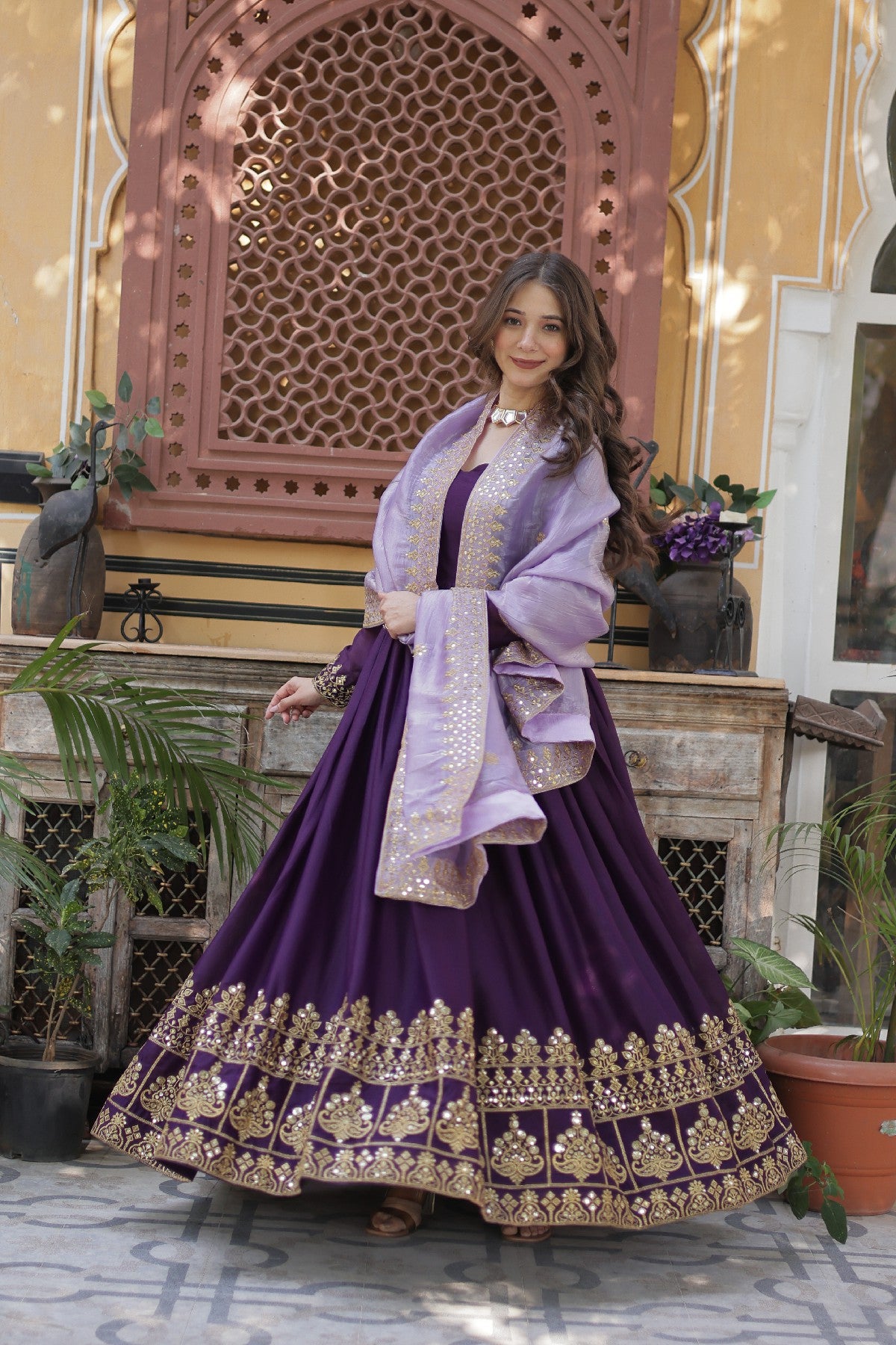 Purple Georgette Embroidered Wedding Gown With Dupatta