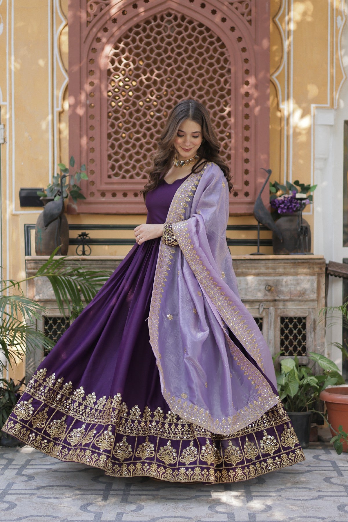 Purple Georgette Embroidered Wedding Gown With Dupatta