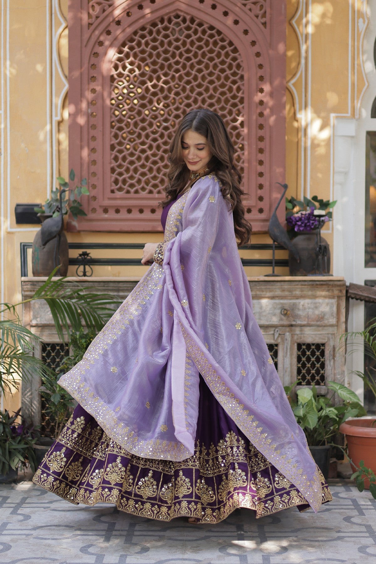 Purple Georgette Embroidered Wedding Gown With Dupatta