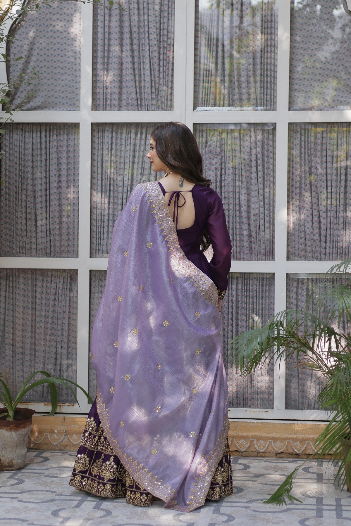 Purple Georgette Embroidered Wedding Gown With Dupatta