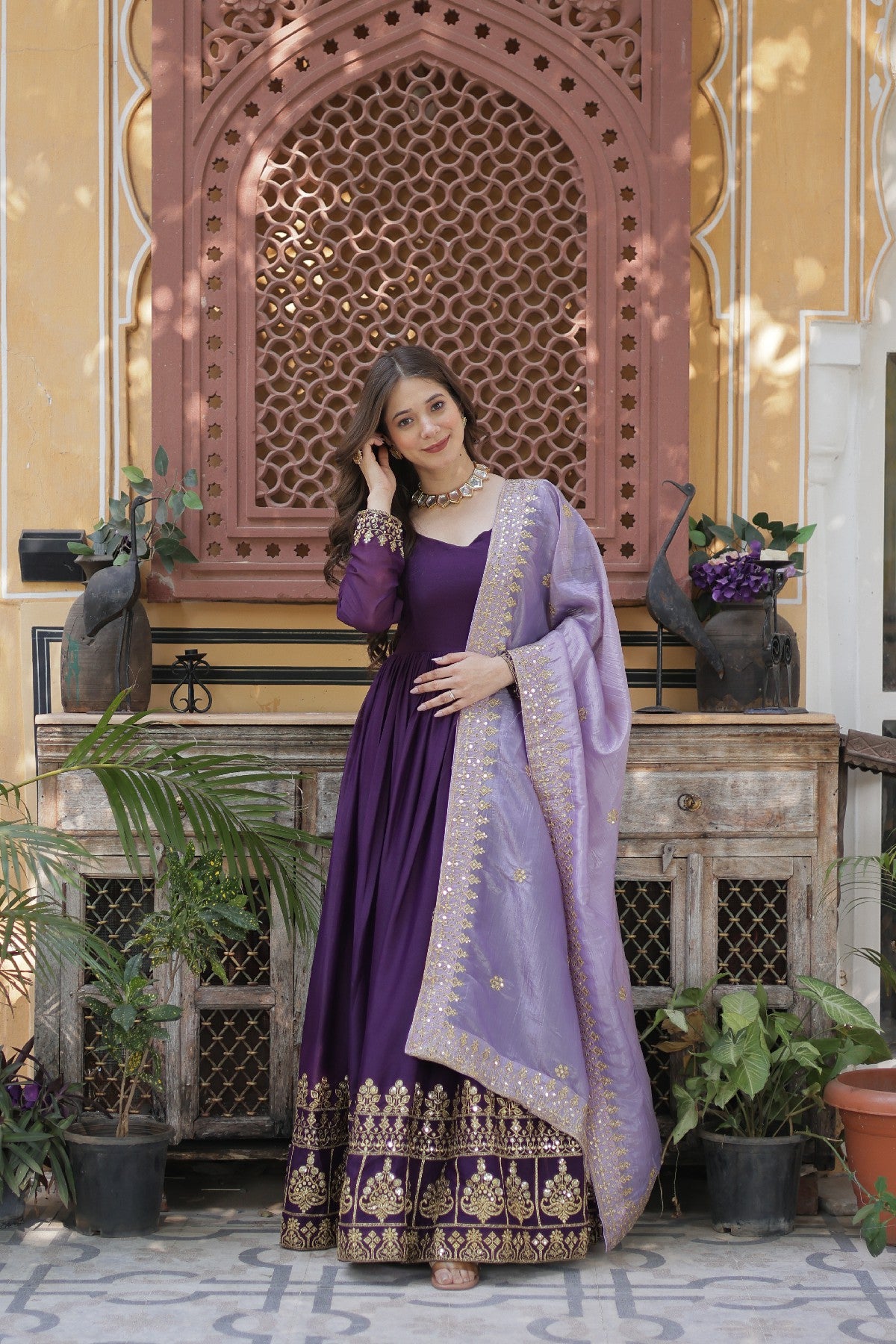 Purple Georgette Embroidered Wedding Gown With Dupatta