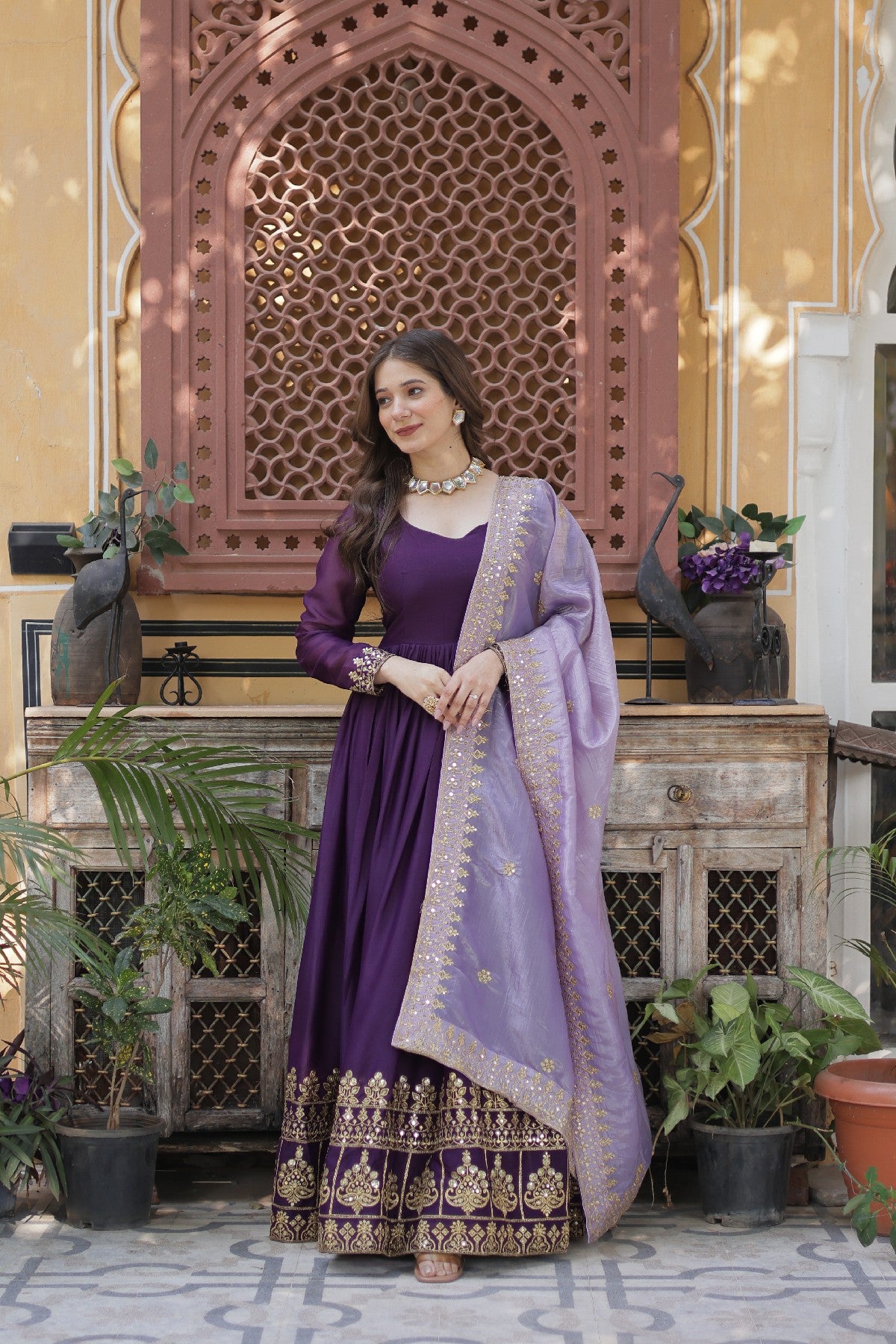 Purple Georgette Embroidered Wedding Gown With Dupatta