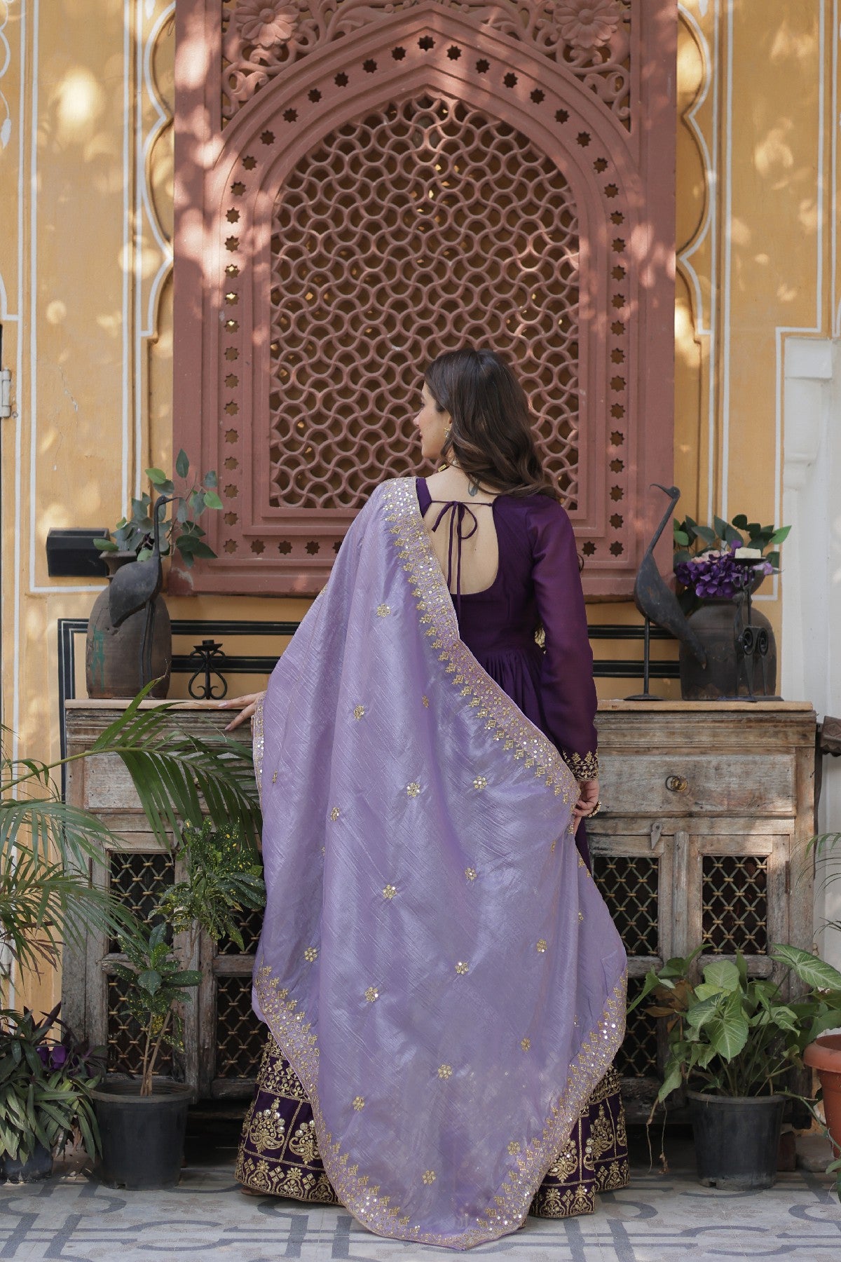 Purple Georgette Embroidered Wedding Gown With Dupatta