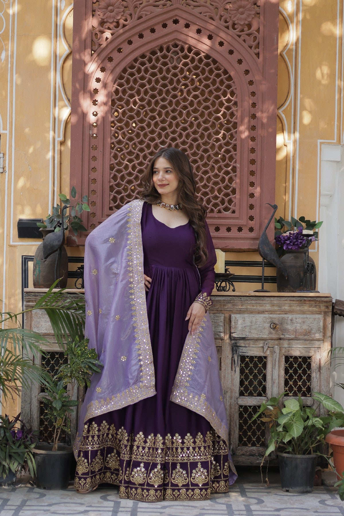 Purple Georgette Embroidered Wedding Gown With Dupatta