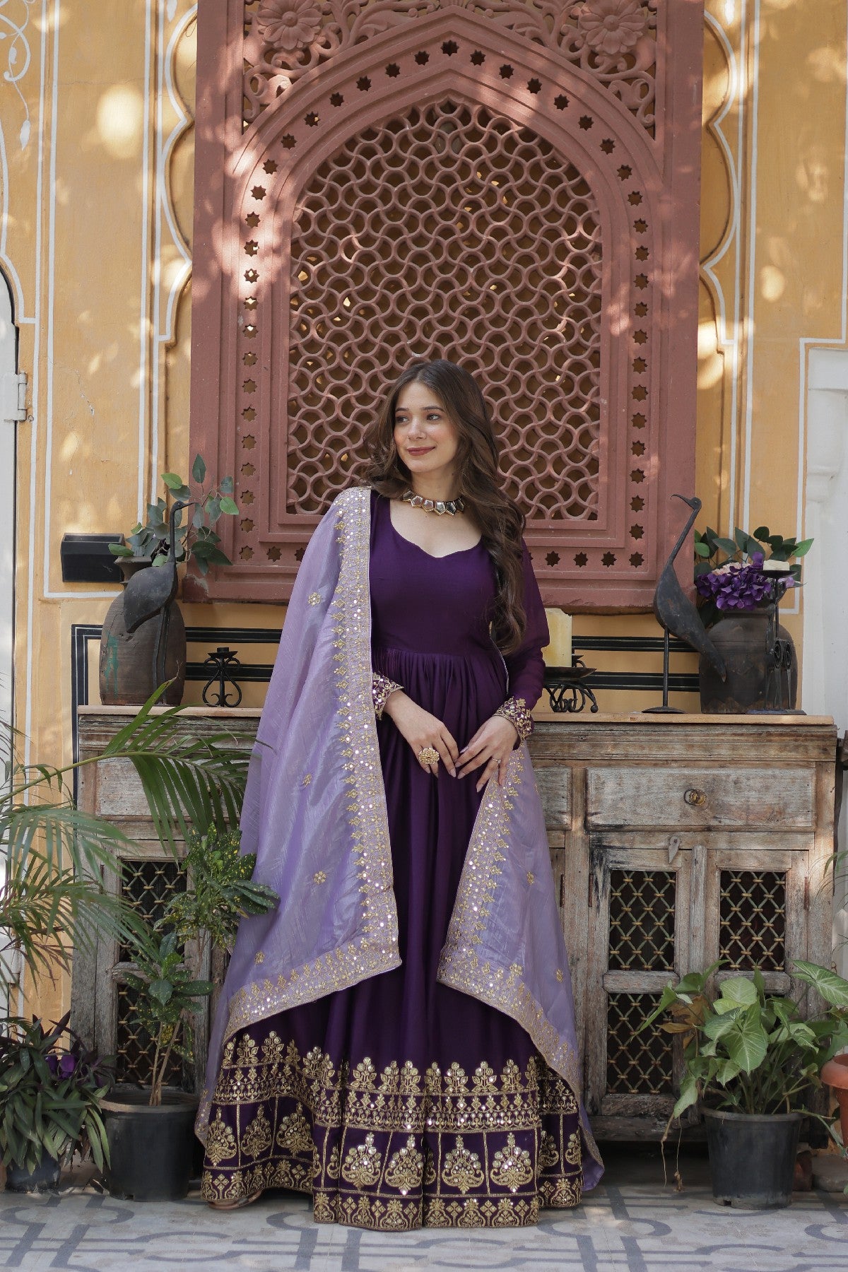 Purple Georgette Embroidered Wedding Gown With Dupatta